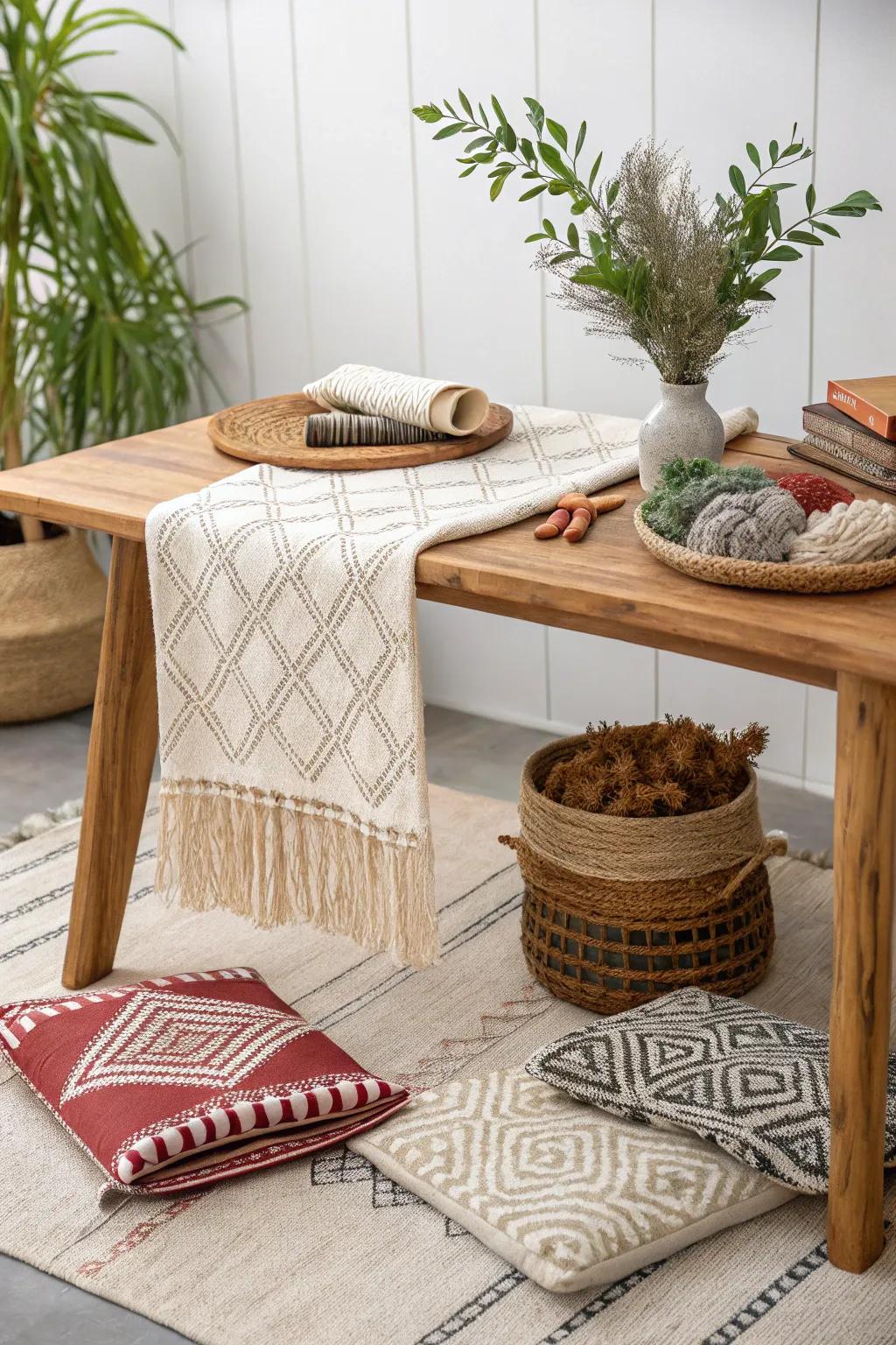 Dive into a world of textures with this minimalist sensory table, where each fabric tells its own story.