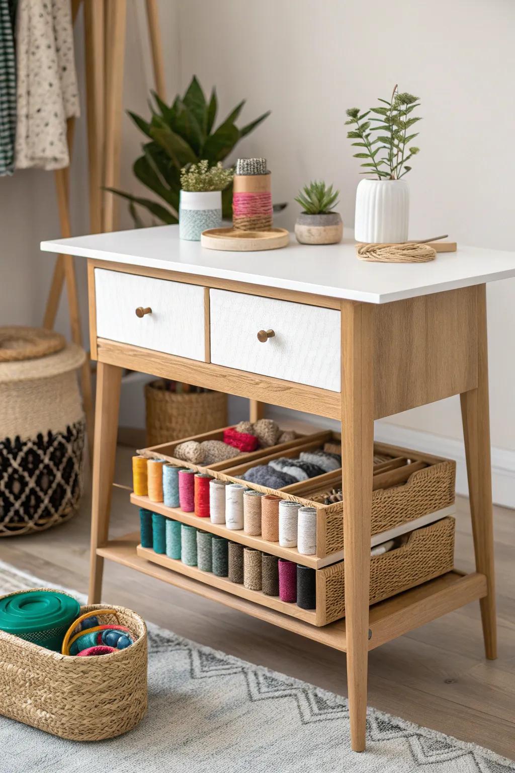 Discover the art of organization with this beautifully crafted sewing table, where style meets practicality.