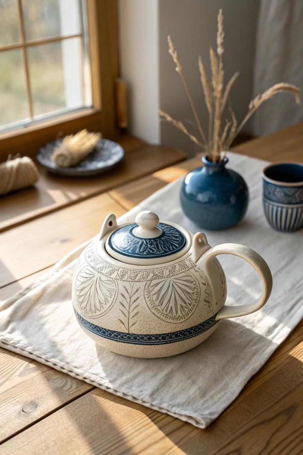Embrace serenity with a sgraffito teapot, where craftsmanship meets tranquility.
