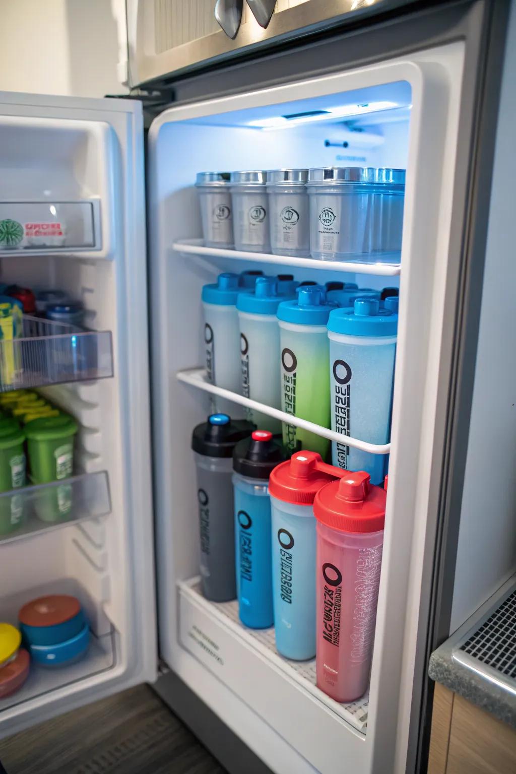 Refrigerator door storage keeps shaker bottles cool and ready to use.