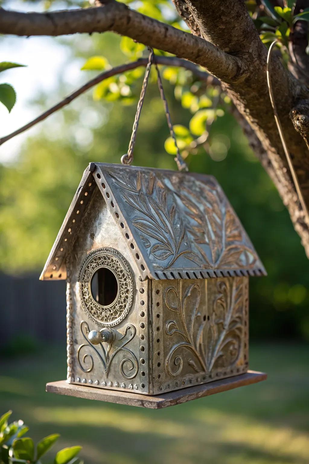 Elevate your garden with handcrafted charm: a sheet metal birdhouse that combines artistry with nature.