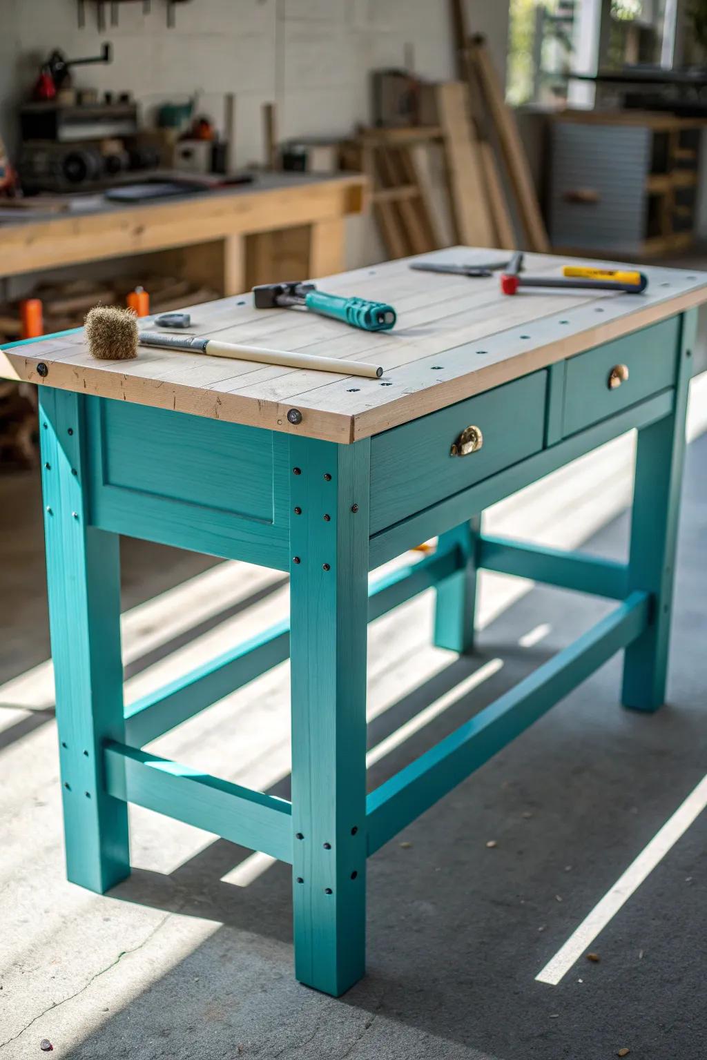 Infuse your workspace with personality and vibrancy with a bold teal workbench.