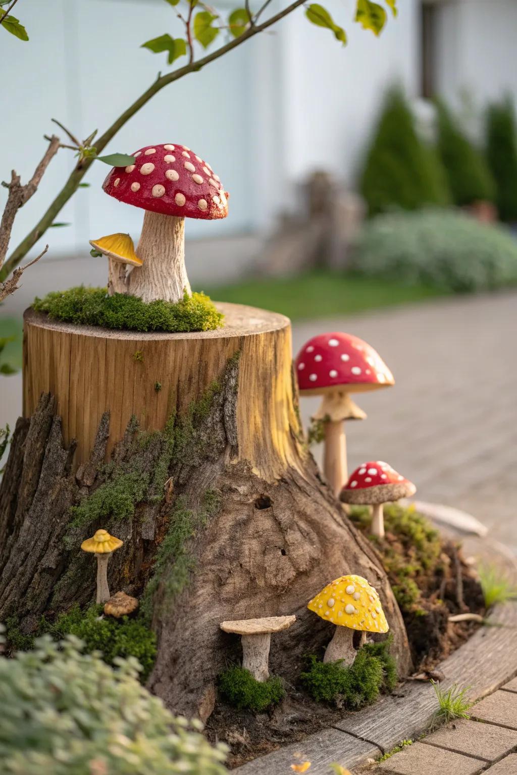 Transform your garden with whimsical mushroom carvings! 🌿🍄 Embrace the charm of nature with a touch of bold colors.