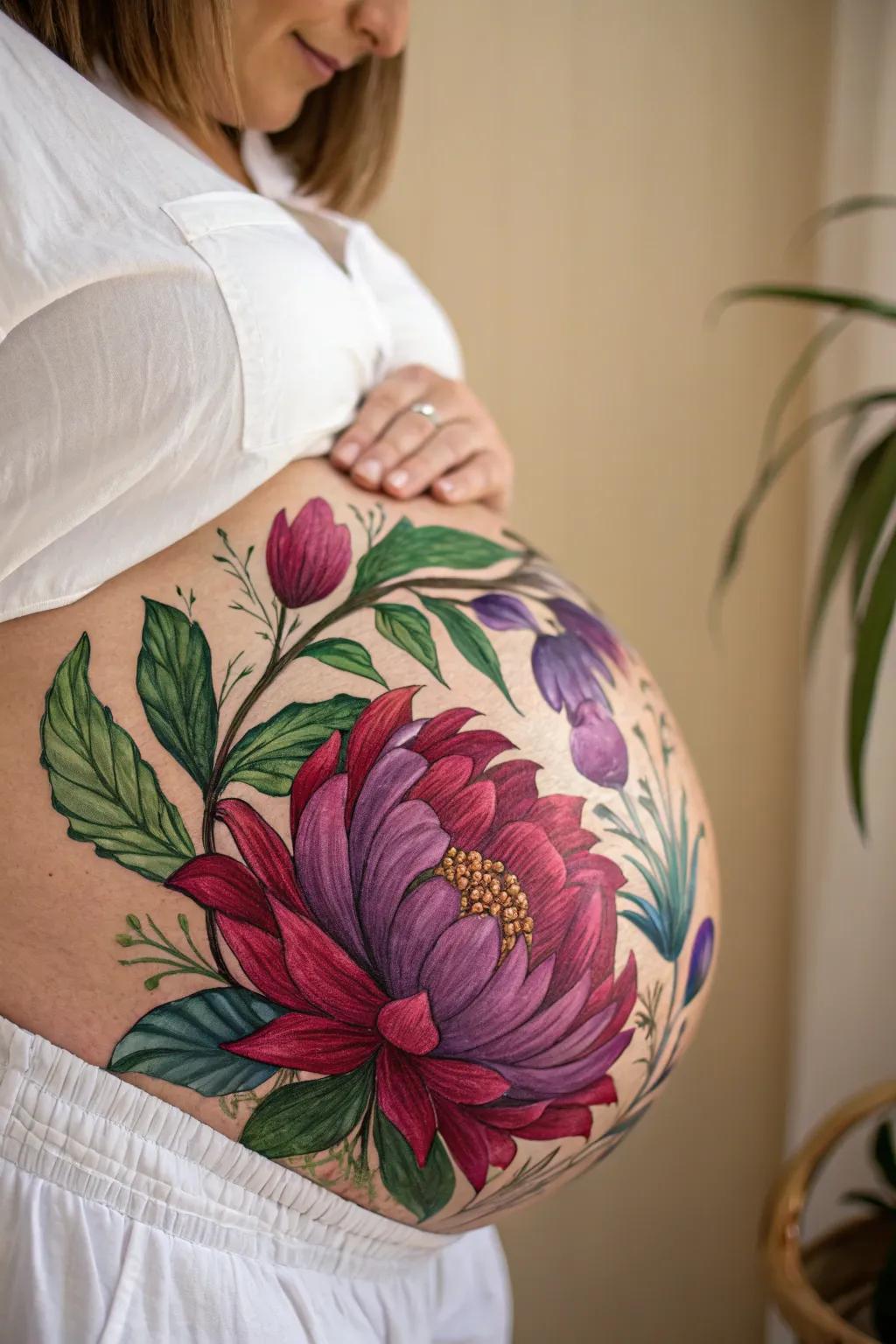 Embrace the beauty of life's bloom with a stunning floral belly painting. 🌸 #FloralFantasy #BellyArt
