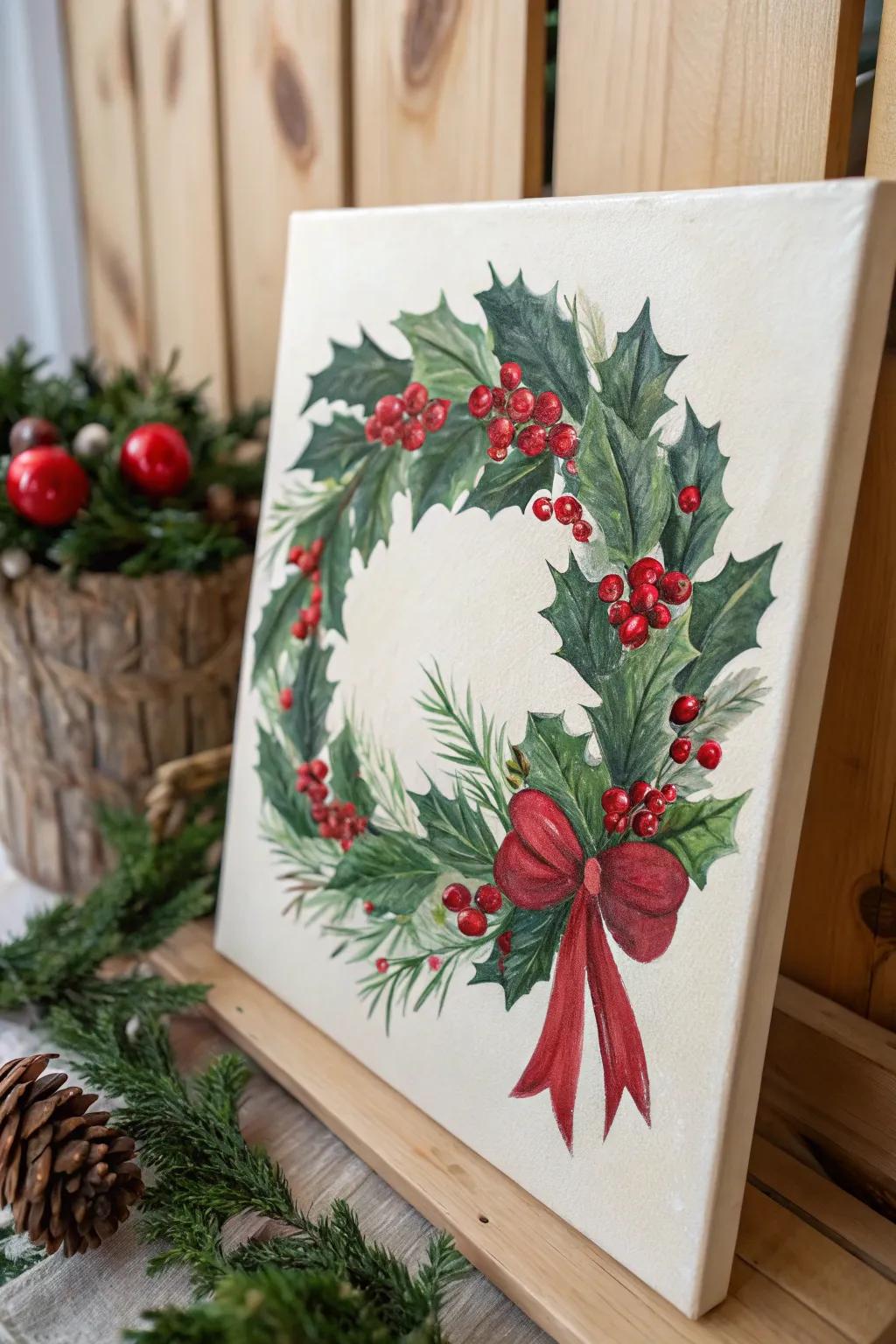 Embrace the season with this charming Christmas wreath painting, perfect for adding a touch of festive elegance to any space.
