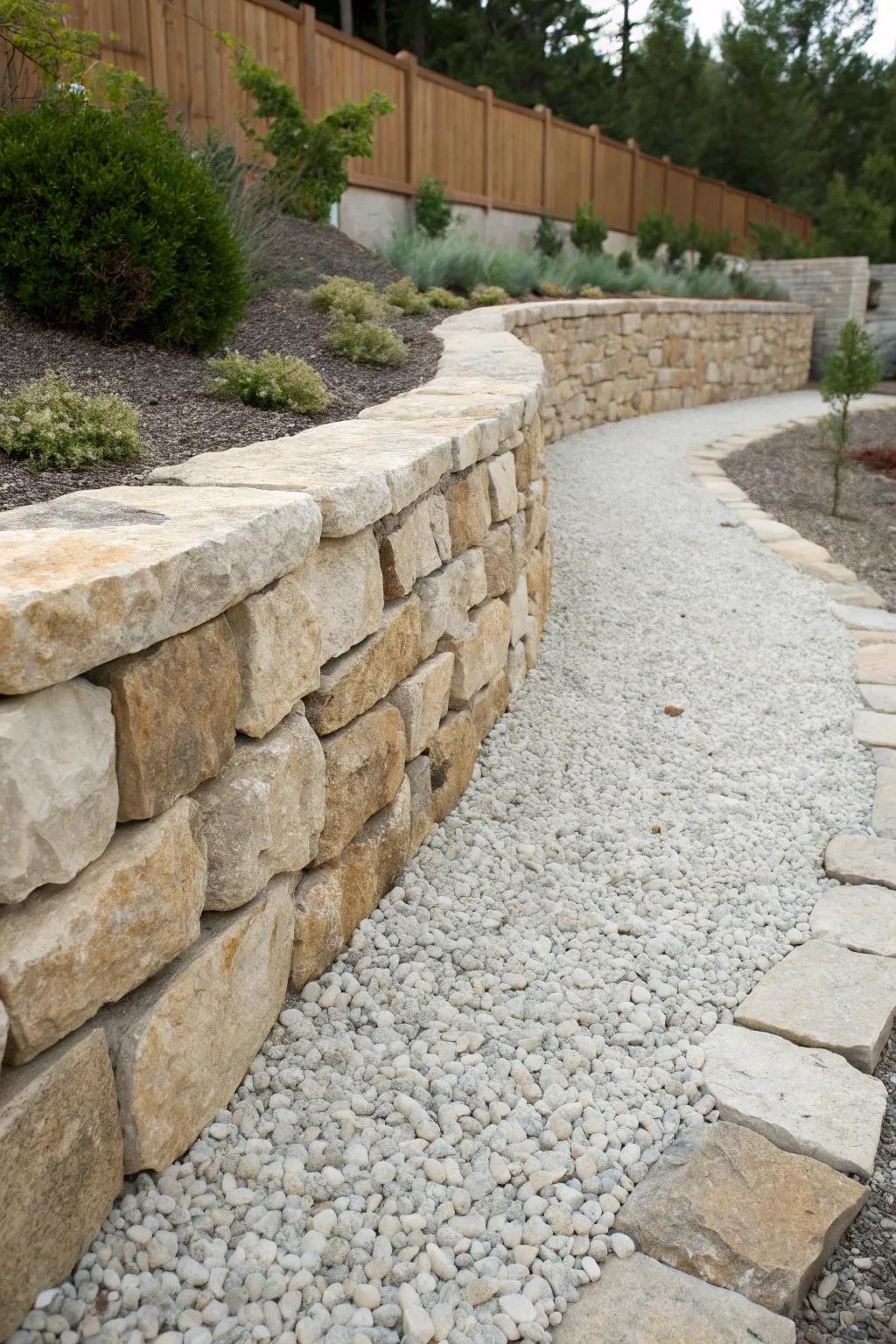 Elevate your backyard with a gravel-framed retaining wall – where elegance meets low-maintenance craftsmanship.