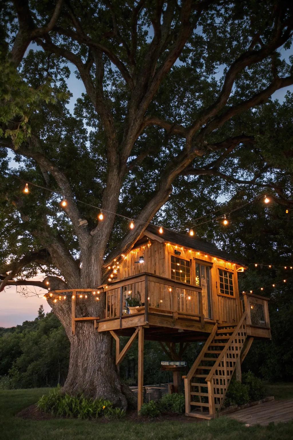 Illuminate your treehouse evenings with enchanting string lights, perfect for a cozy, magical retreat.