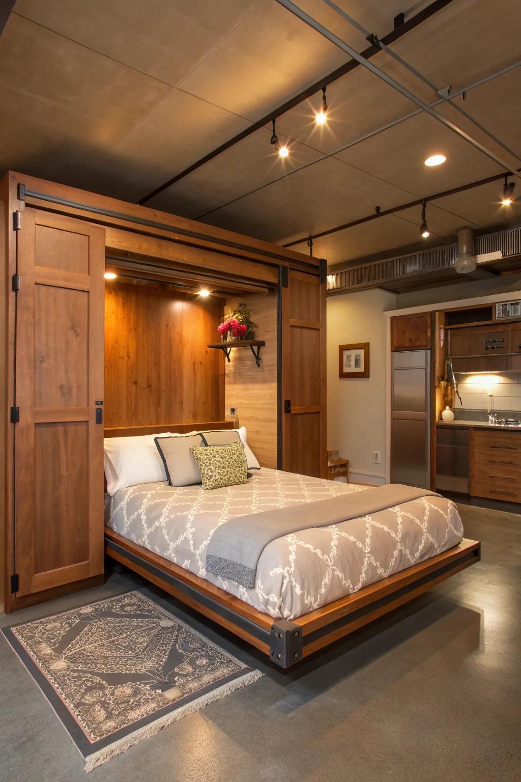 Transform your garage into a charming guest suite with a cleverly designed Murphy bed.