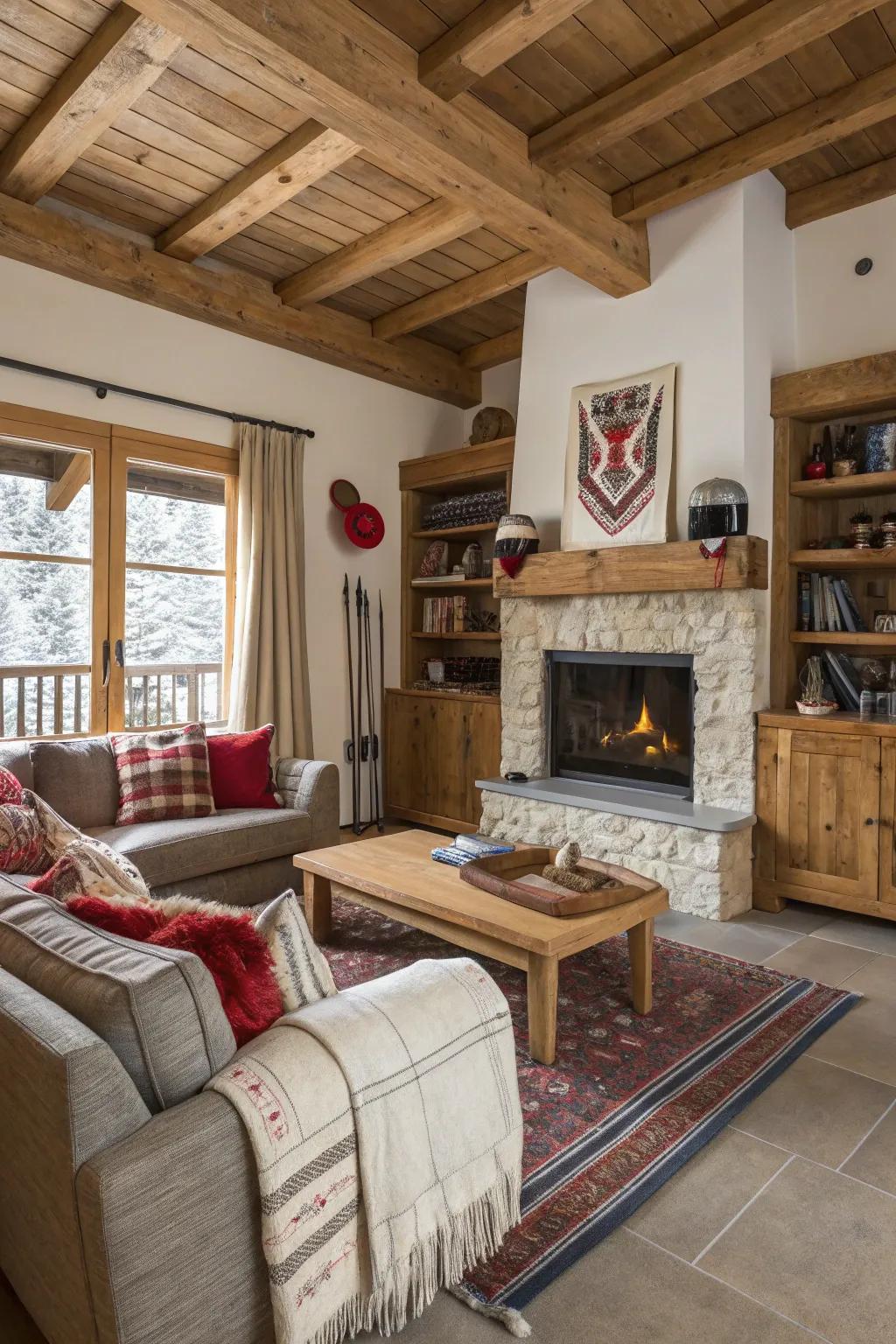 Complete your ski decor with rustic wooden furniture.