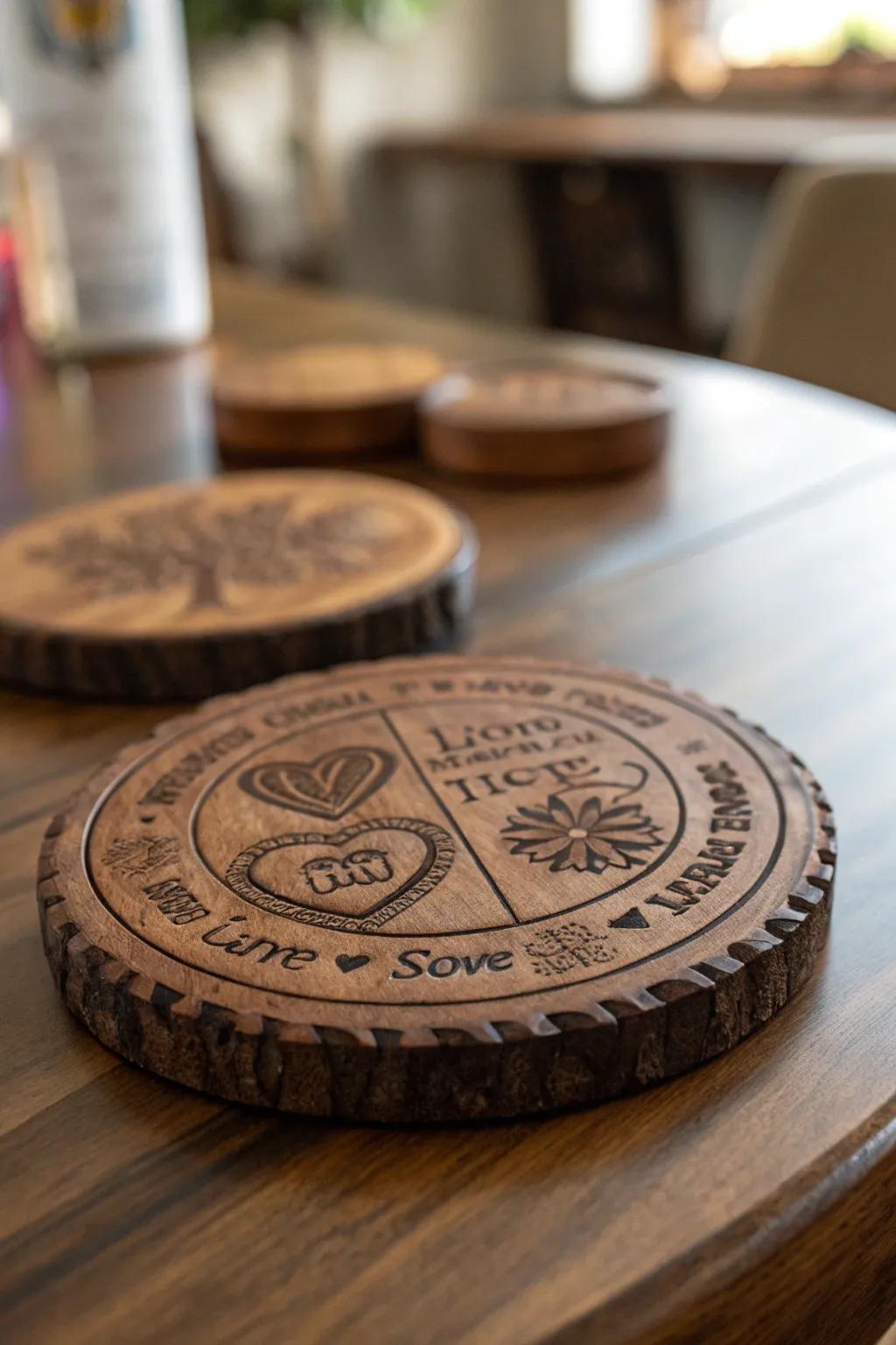Craftsmanship meets personal touch: Elevate your home with these exquisite personalized coasters.