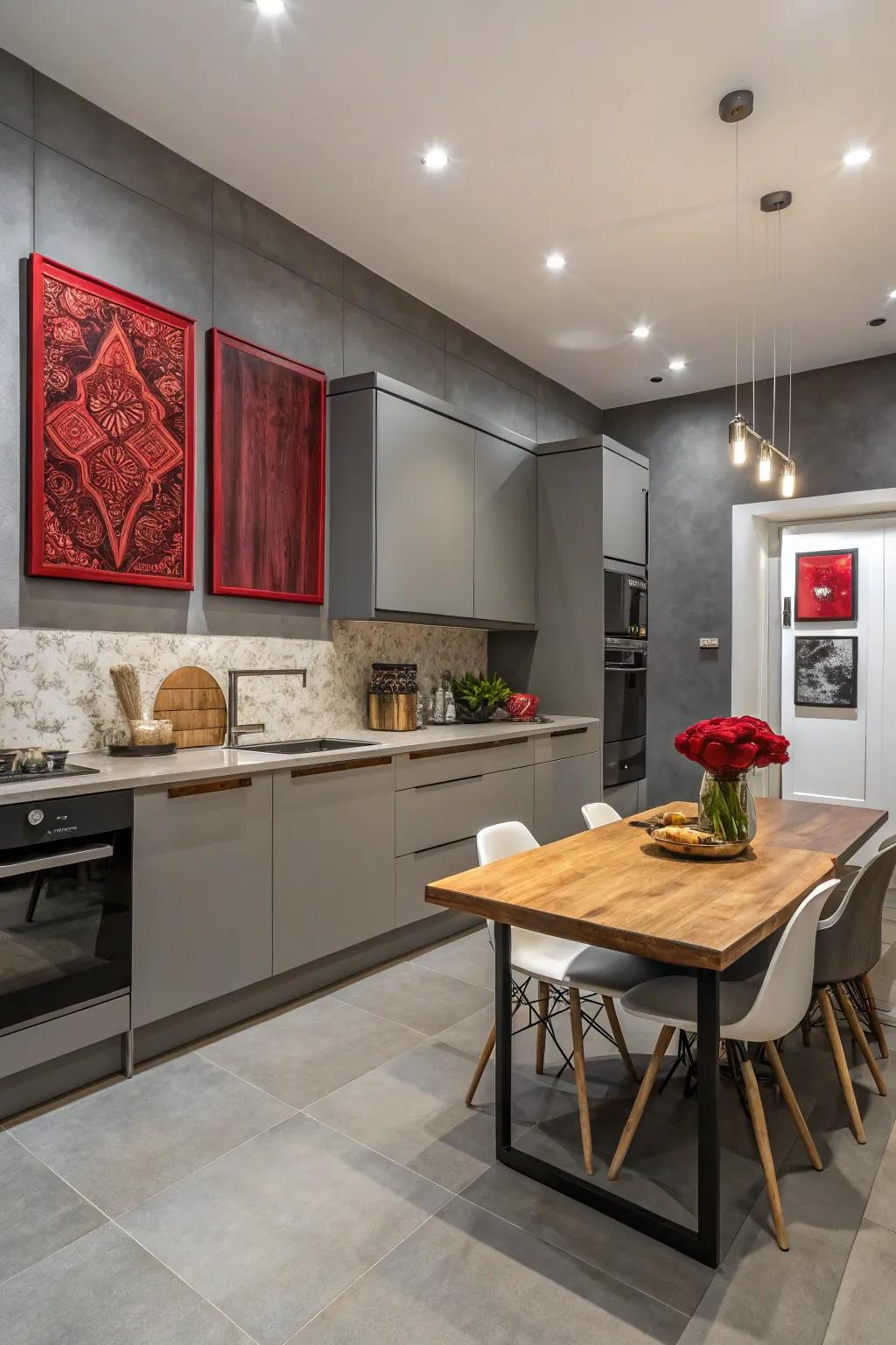 Red artwork on grey walls creating a sophisticated kitchen vibe.