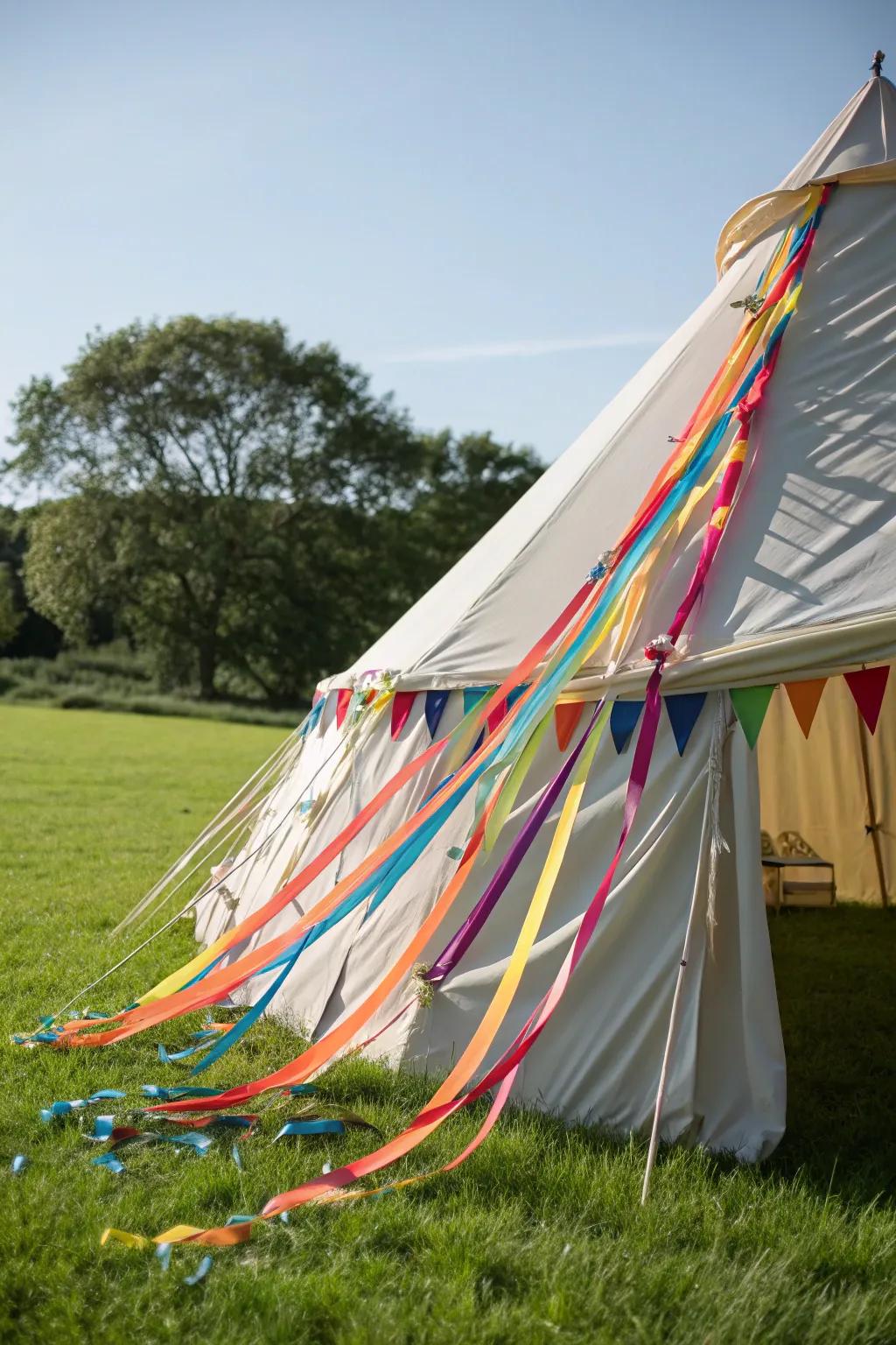 Playful tent with colorful ribbon streamers.