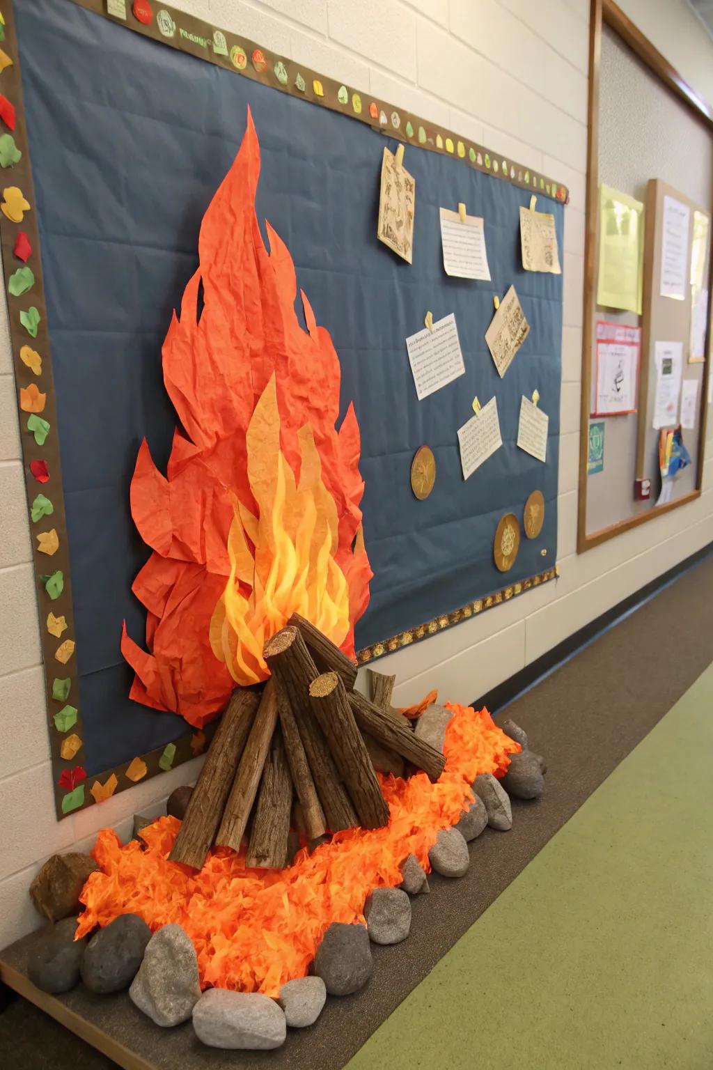 A 3D campfire display adds dimension and intrigue.