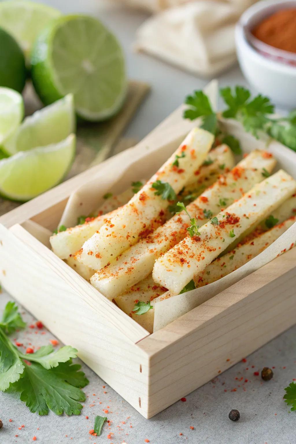 Elevate your snack game with these fresh and tangy jicama sticks – a crunchy delight that sparks conversation and pleases the eye!