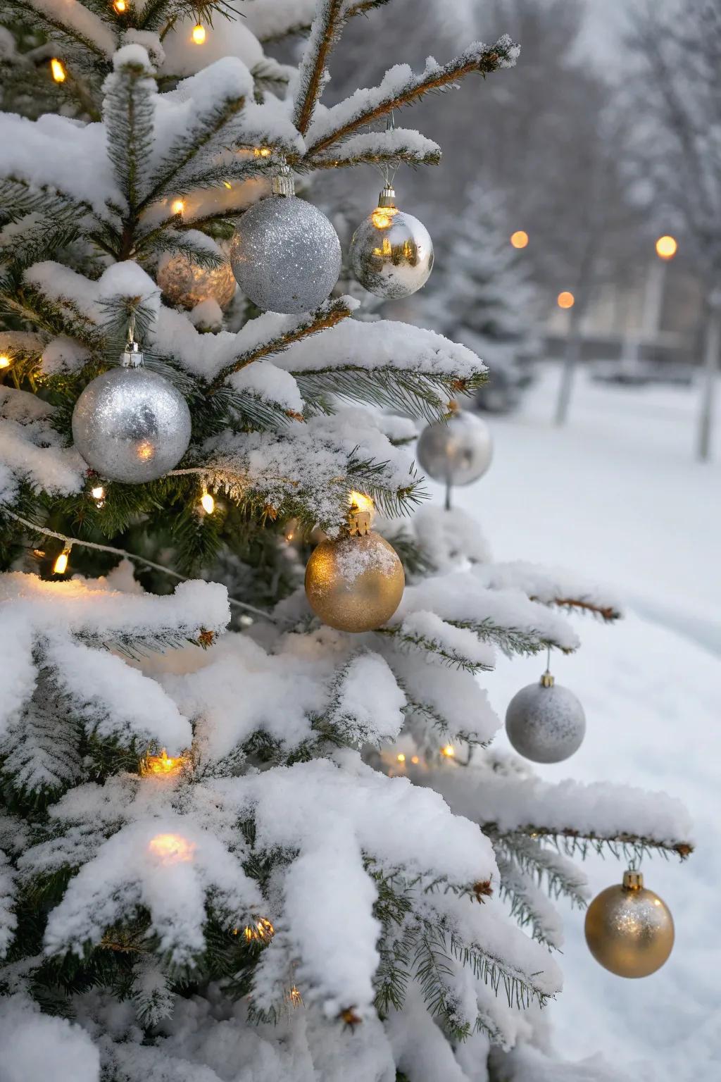 Metallic accents bring sparkle and elegance to a snowy Christmas tree.
