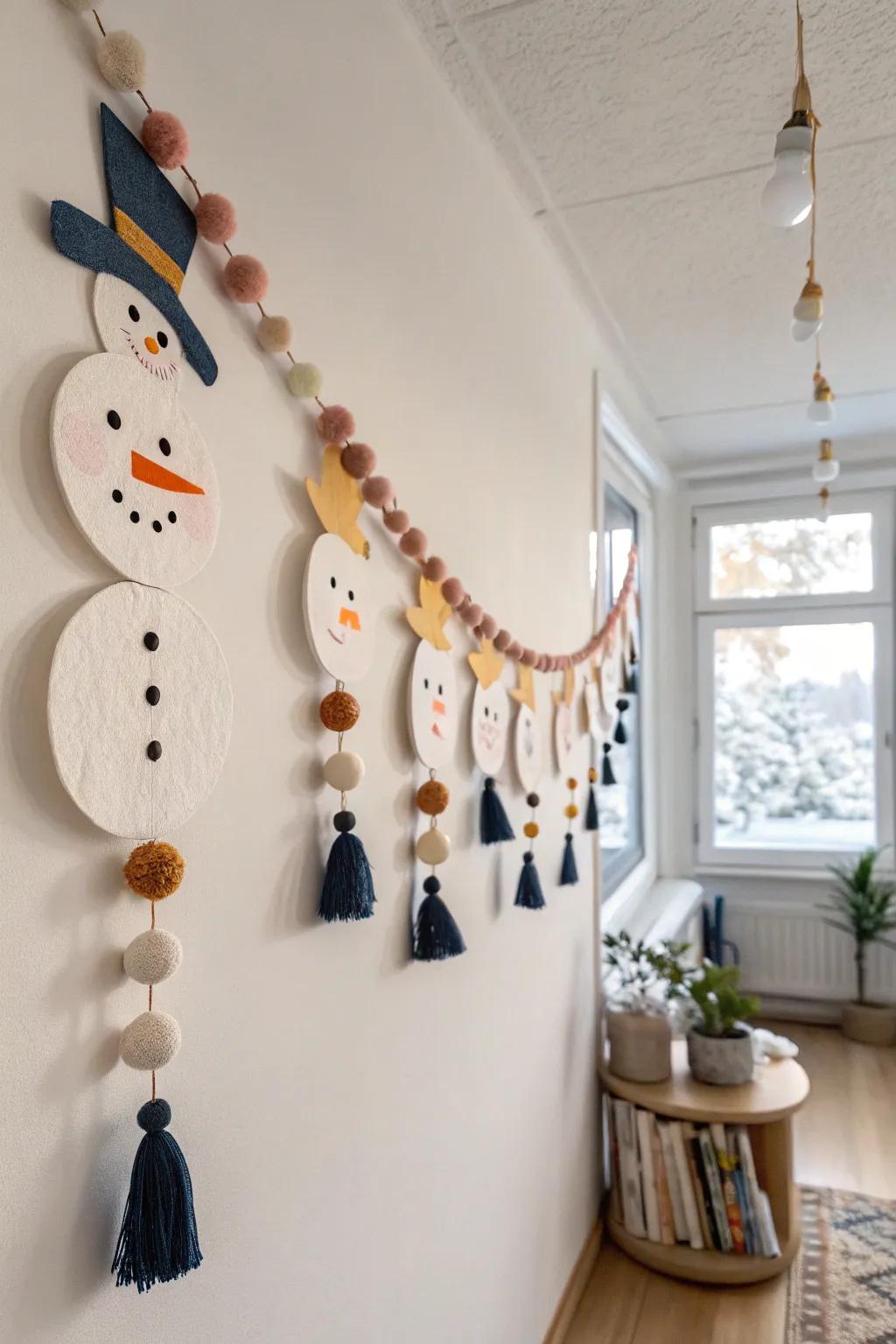 Cozy up your space with a charming snowman garland that blends minimalist elegance and boho flair. Perfect for a serene winter afternoon!