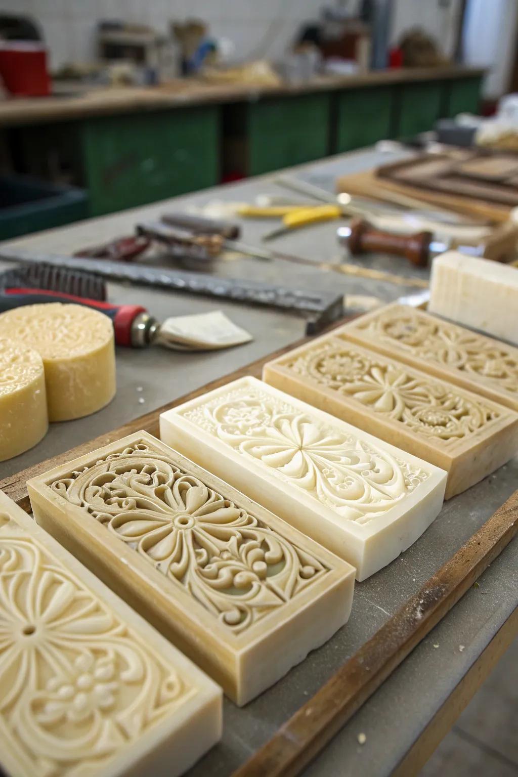 Intricately carved soap bars that are true pieces of art.