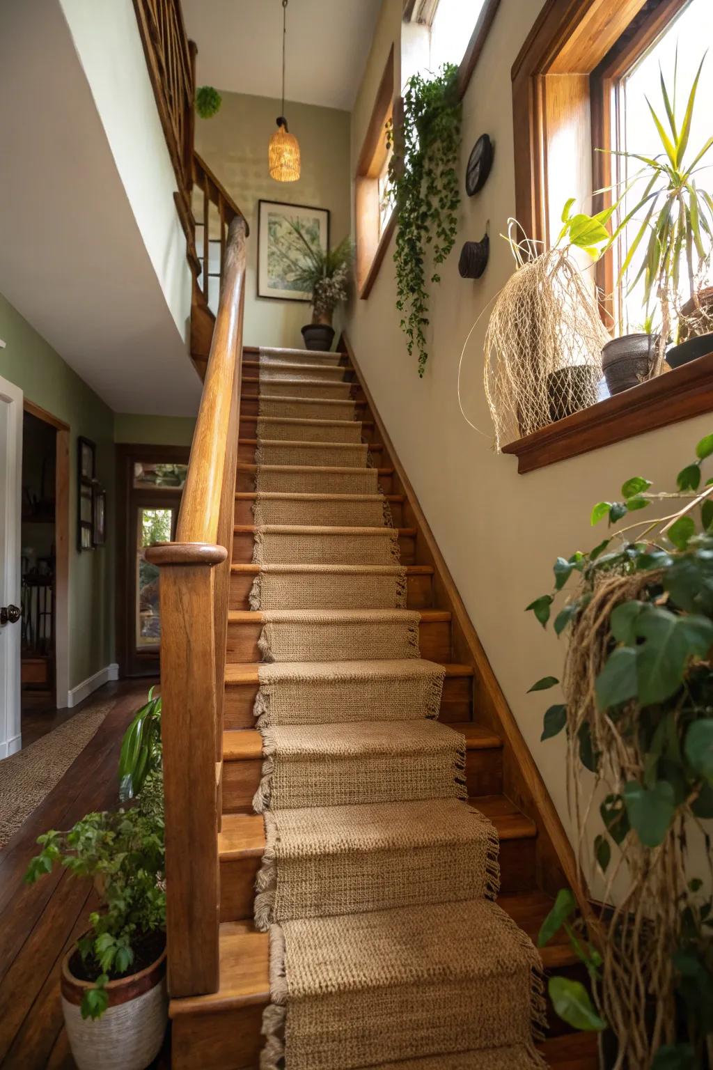 Jute runners add texture and an organic touch to the stairs.