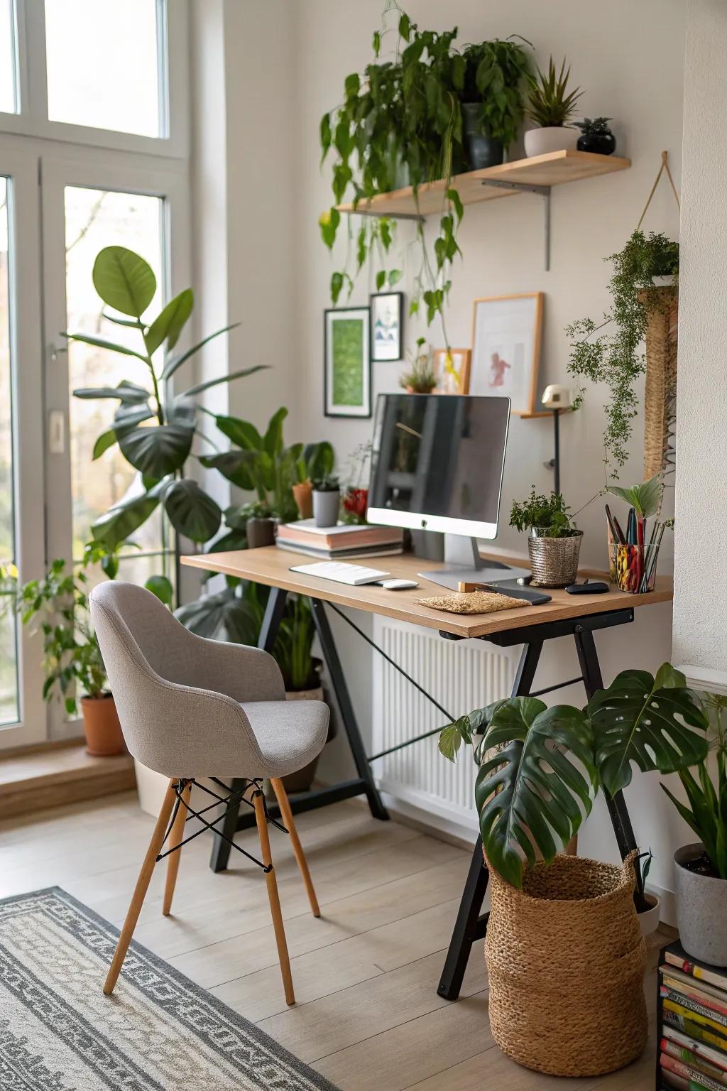 Greenery adds life and freshness to your standing desk setup.