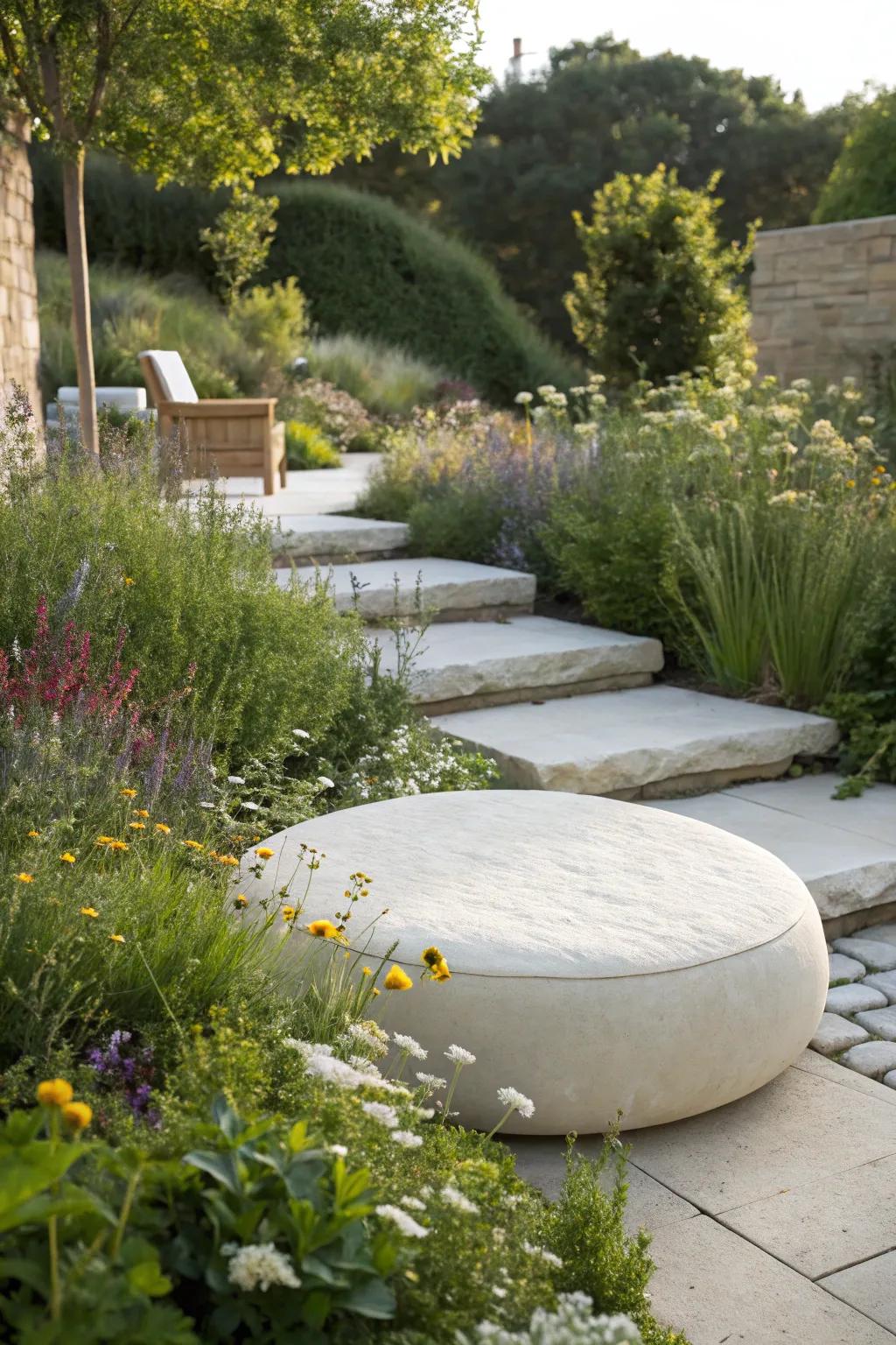 Pause and savor the beauty of your garden with a charming stepping stone seat, where simplicity meets nature's vibrant hues.