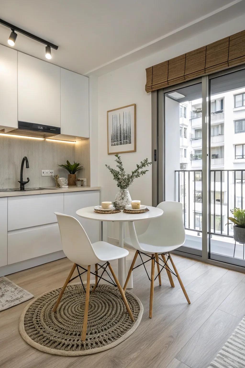 Minimalist designs enhance openness in small dining areas.