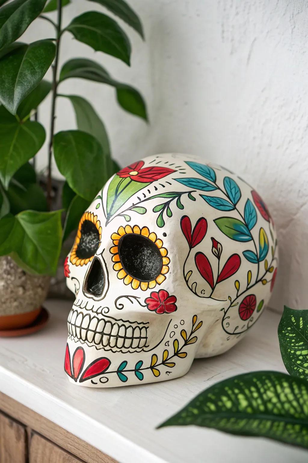 Infuse your space with the enchanting blend of art and nature through this stunning sugar skull design.