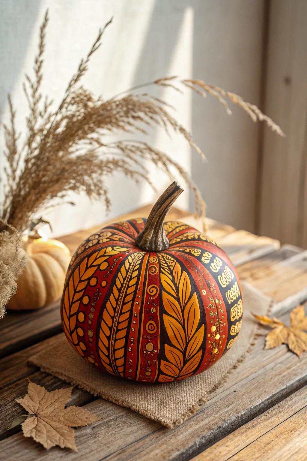 Embrace the warmth of the harvest season with this intricately painted pumpkin, a perfect blend of bold colors and natural beauty.