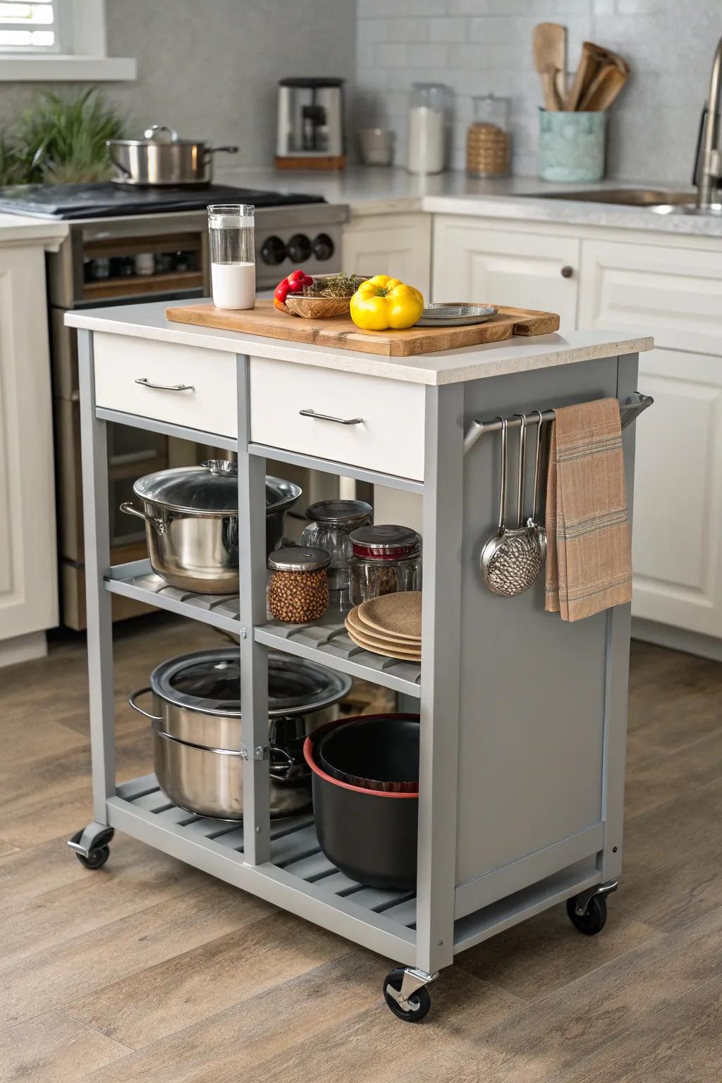 A versatile rolling cart for added kitchen functionality.