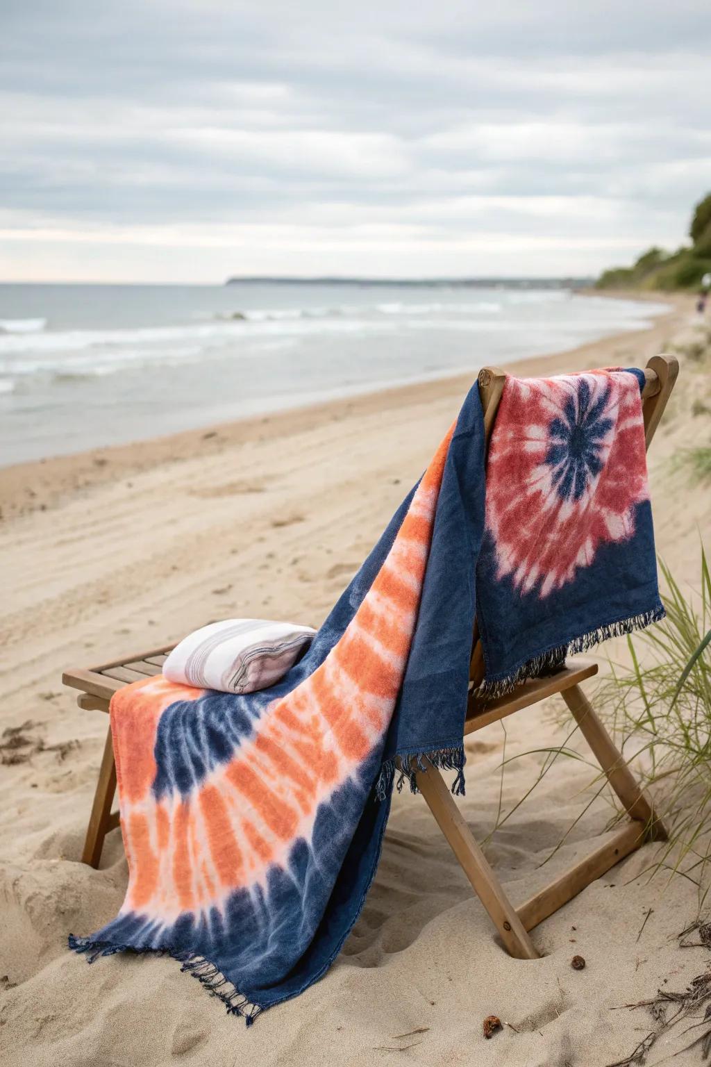 Elevate your beach style with a handcrafted tie-dye towel masterpiece.