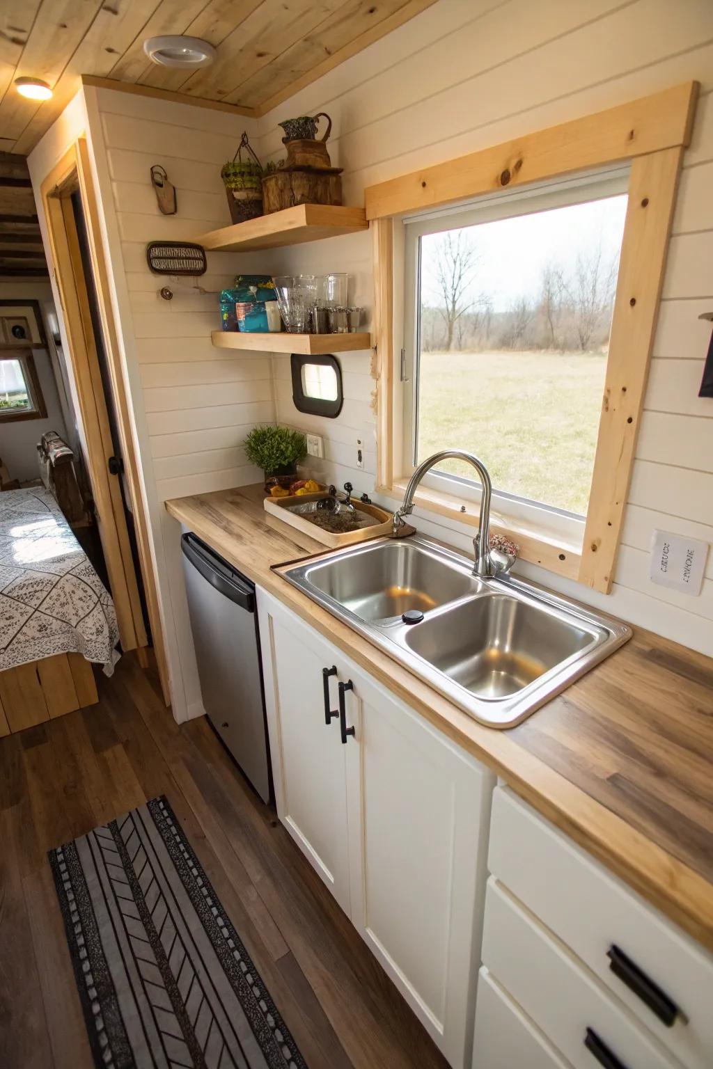 A compact bar sink saving space in a tiny house kitchen.