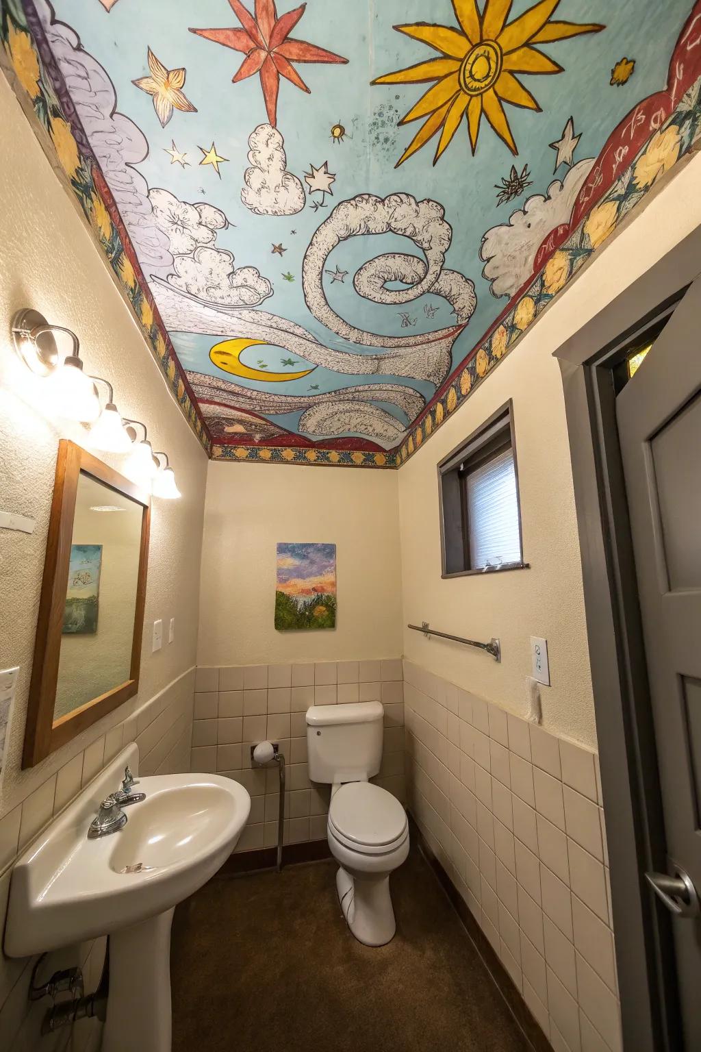 A creatively designed ceiling adding interest to a toilet room.