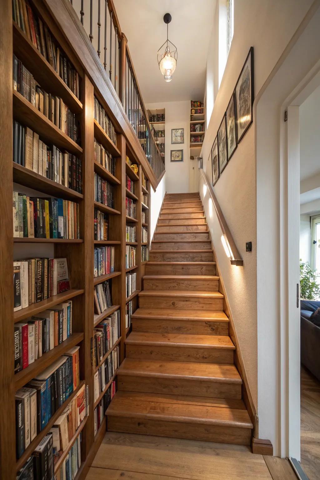 Built-in bookshelves transform the staircase into a cozy reading nook.