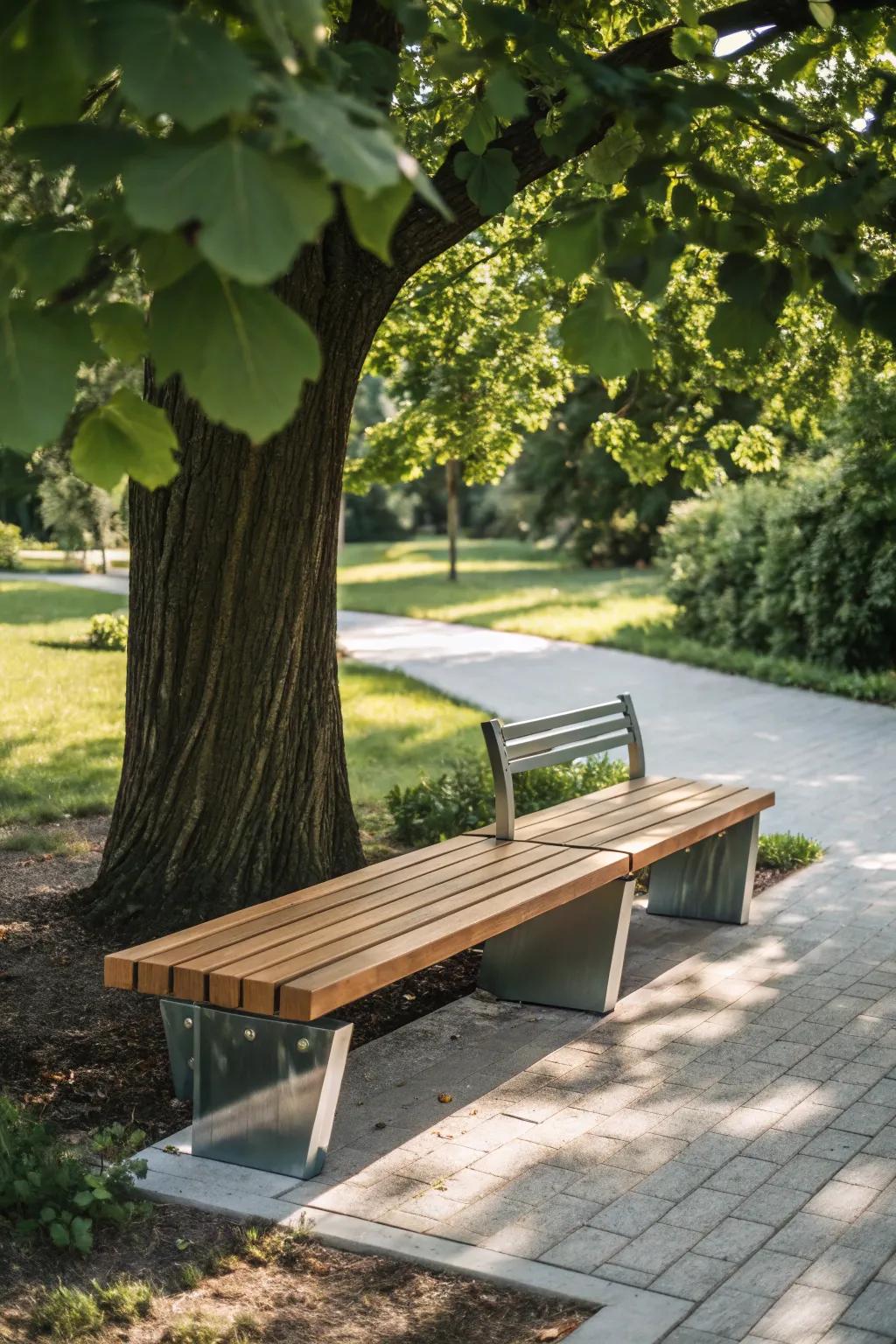 Discover the art of contrast with this eclectic tree bench design, where nature meets craftsmanship.