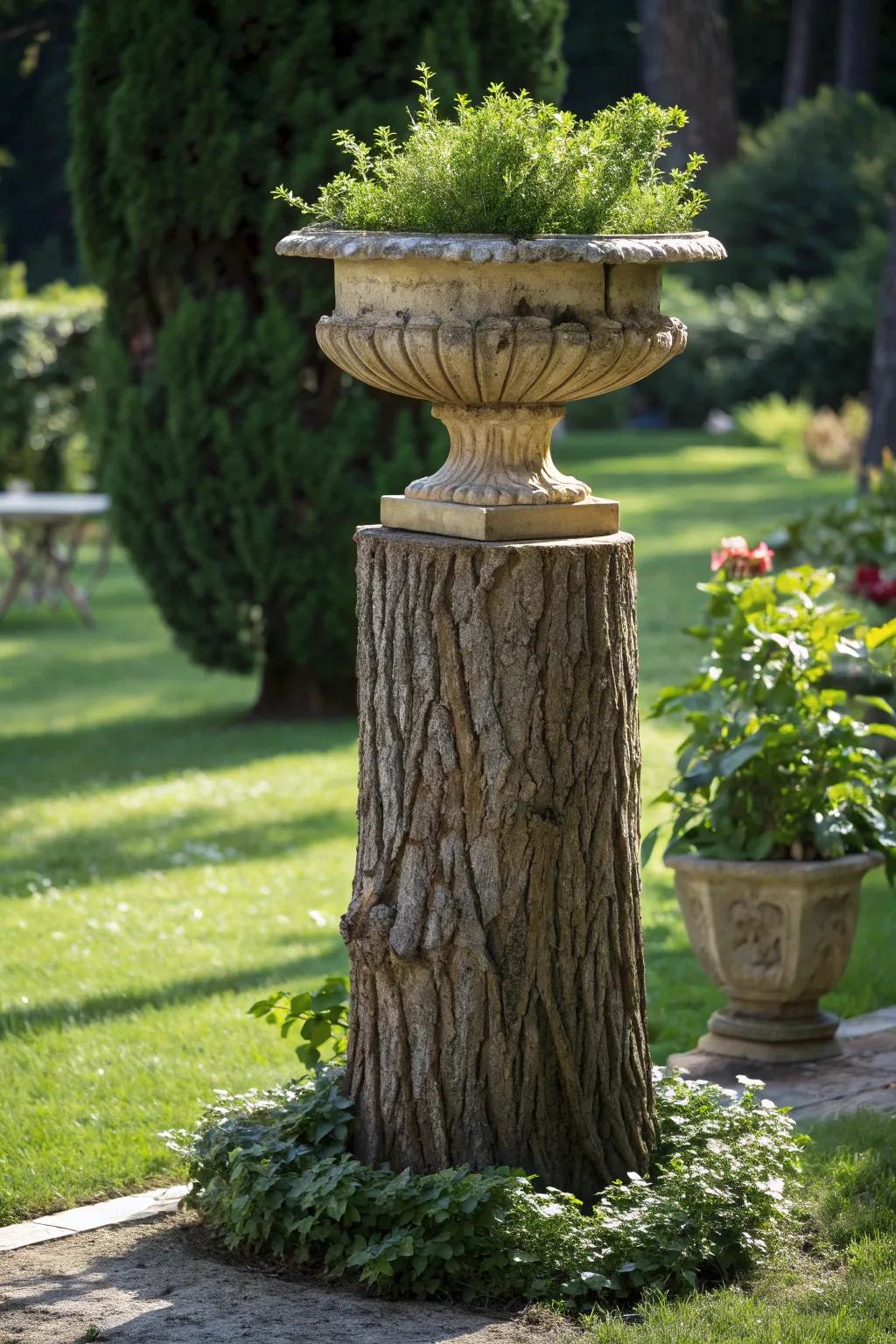Elevate your garden style with a natural pot holder crafted from a tree trunk.