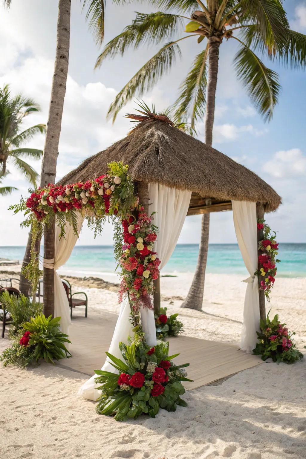 A tiki hut arch that brings island vibes to your wedding.