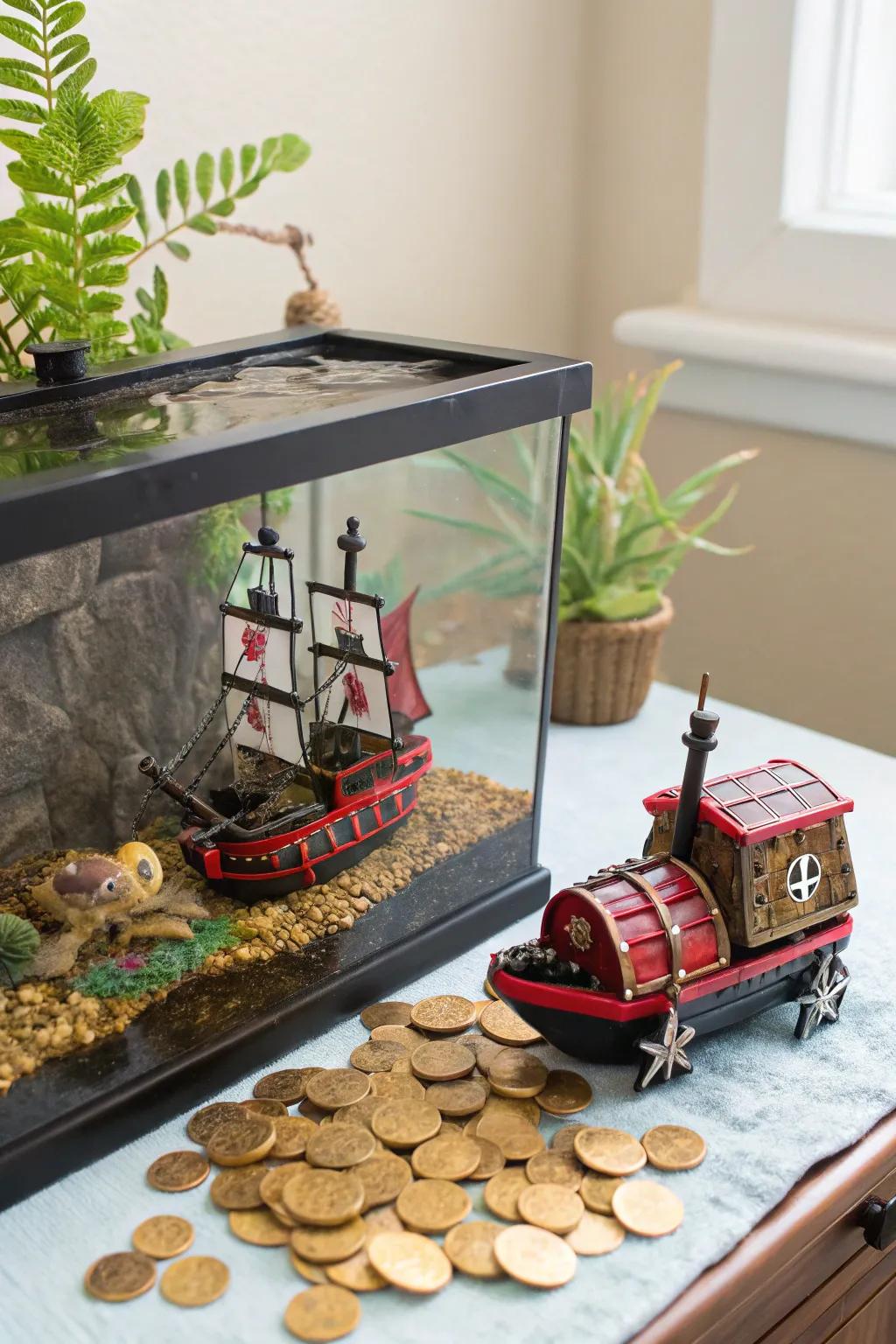 Transform your turtle tank into a whimsical underwater adventure with a charming pirate shipwreck theme!