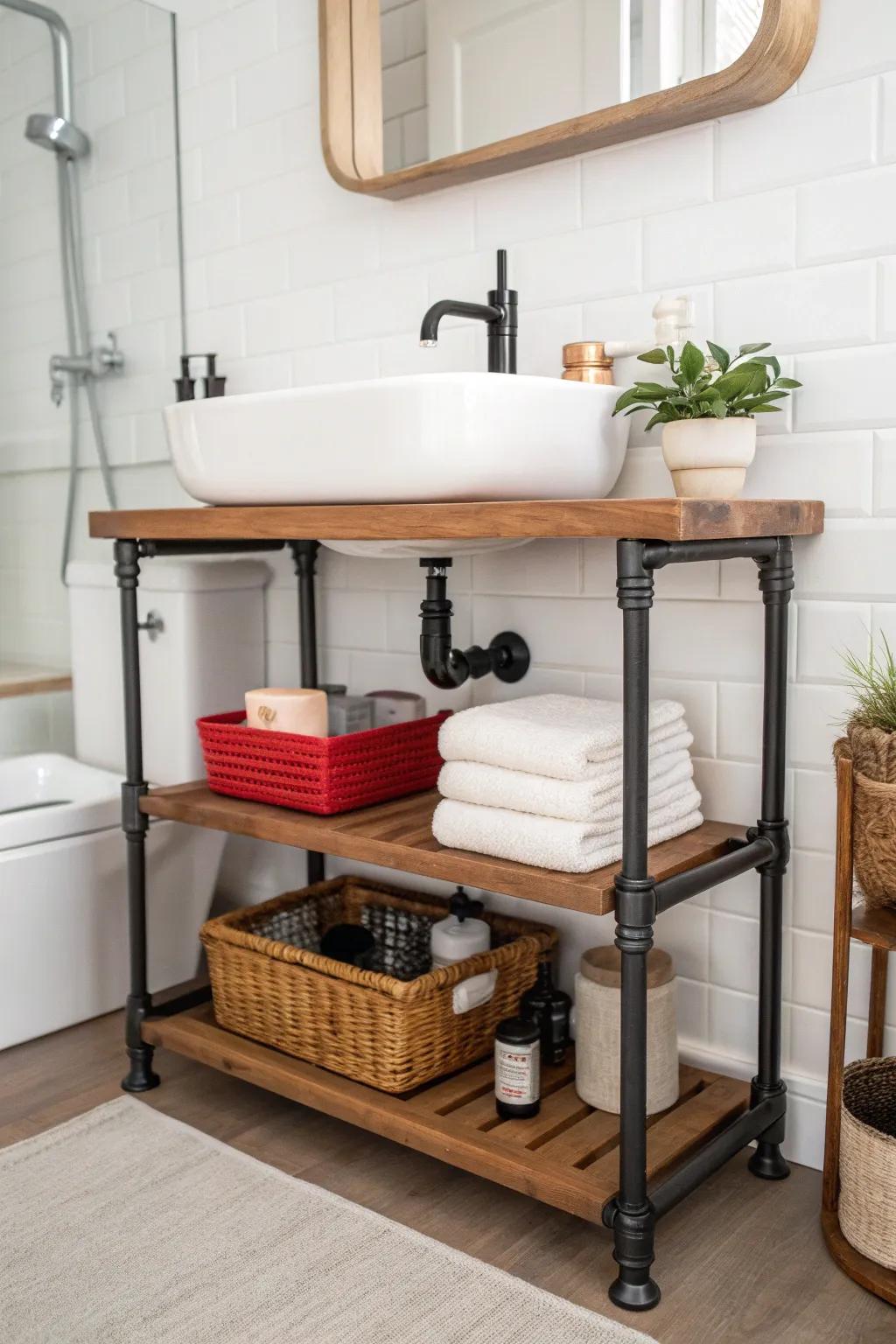 Transform your bathroom with a Scandinavian-inspired pipe shelf organizer, blending simplicity and bold style.