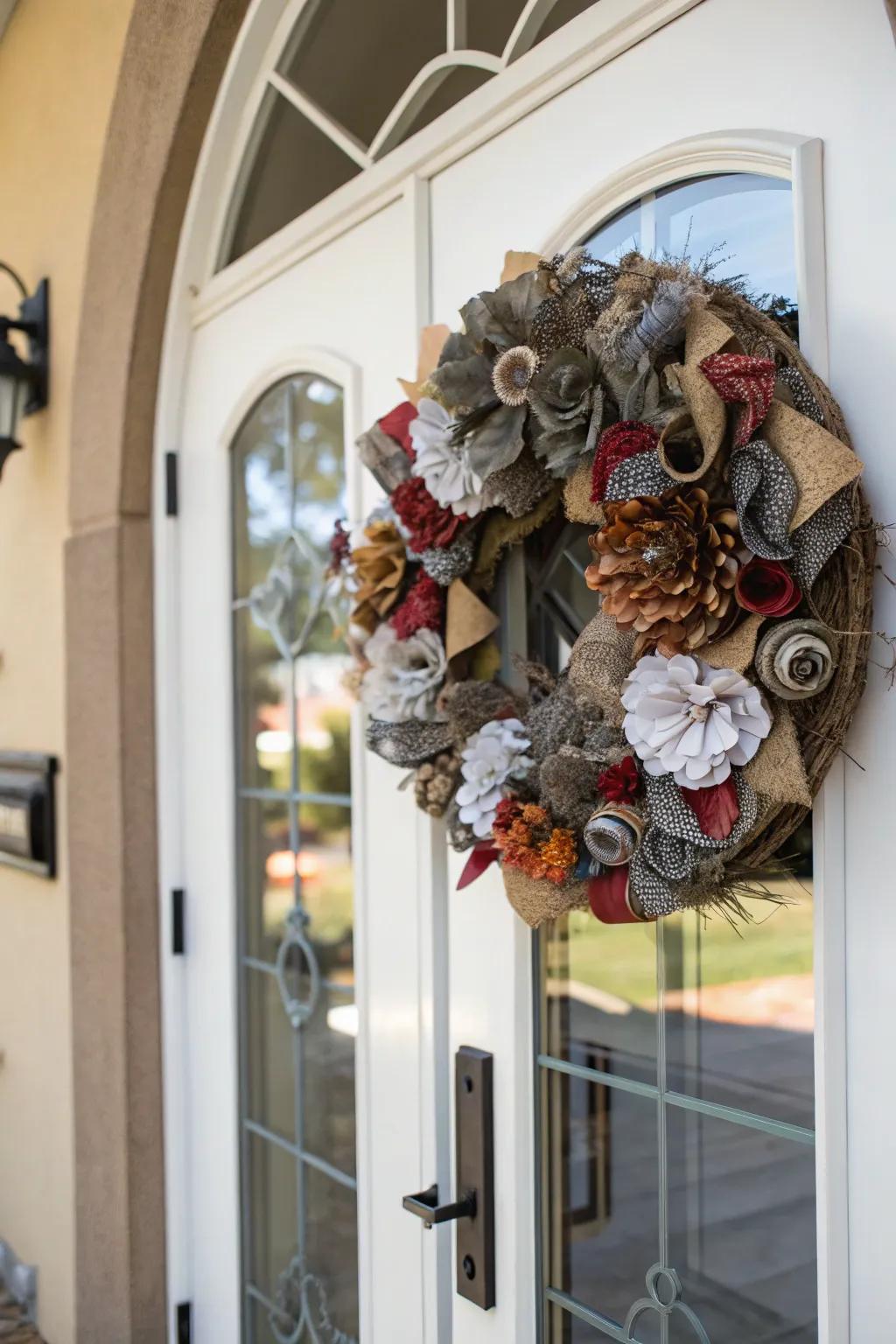 Mixed media creates an eclectic and elegant door display.