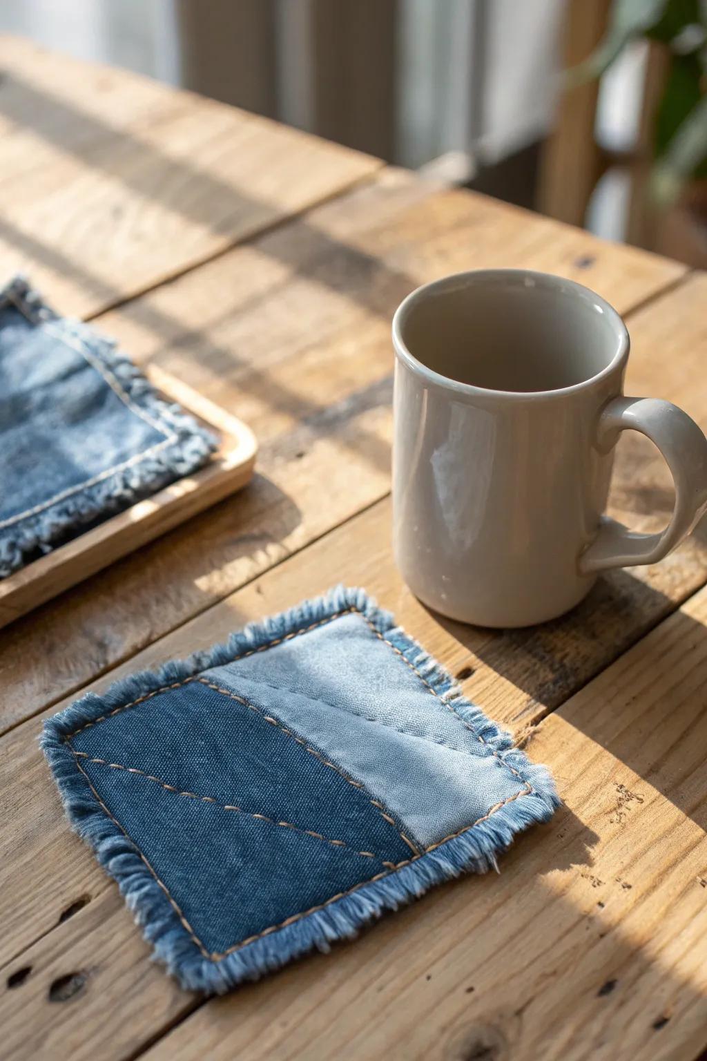 Transform old jeans into chic denim coasters - a perfect blend of style and sustainability for your coffee table!
