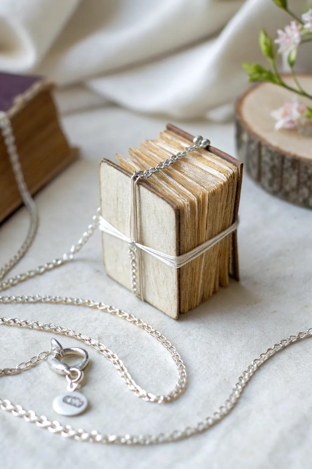 Literary elegance meets boho chic with this unique mini book necklace.