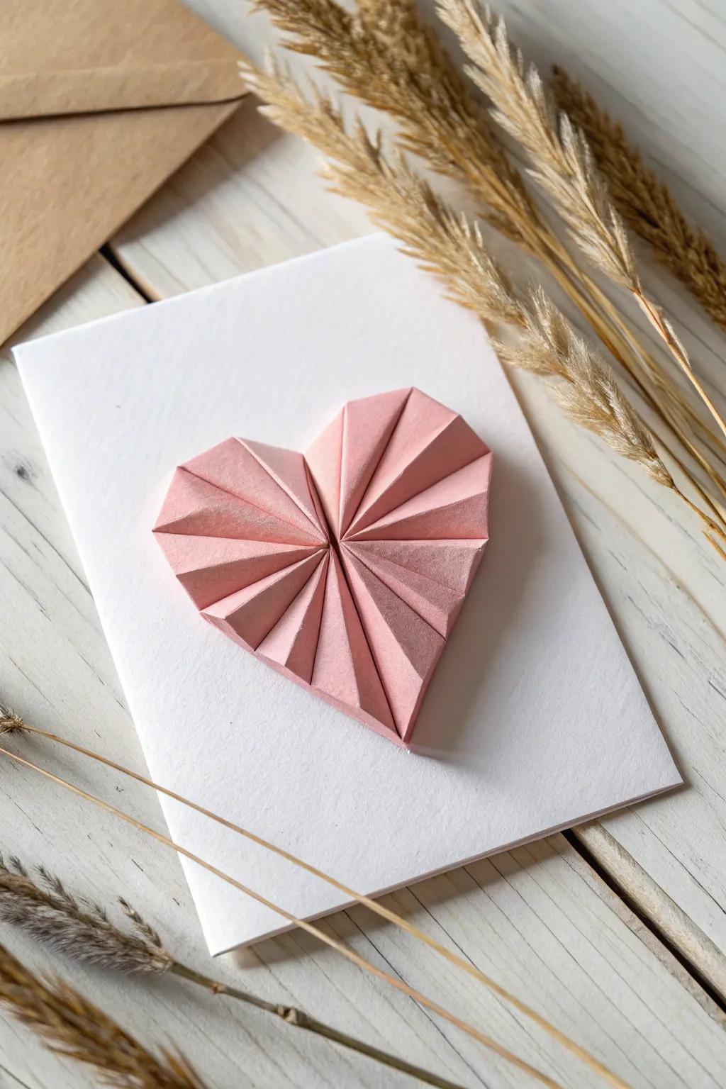 Delicate craftsmanship meets minimalist elegance with this charming origami heart card—perfect for a heartfelt Valentine’s gesture.