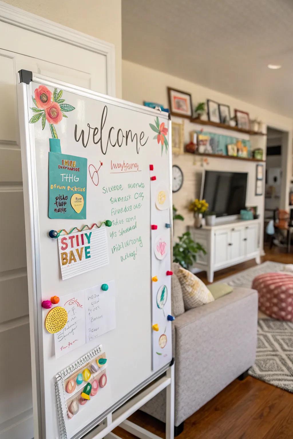 DIY magnets for a customizable whiteboard welcome display.