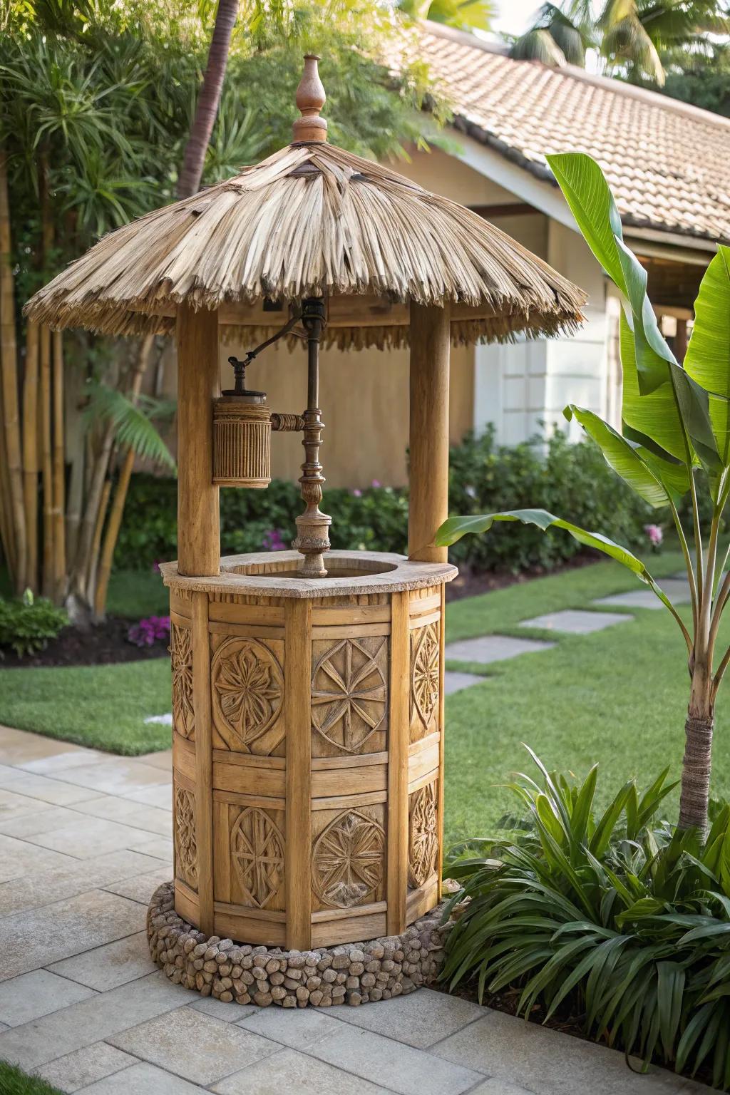 Transform your garden into a tropical escape with this handcrafted tiki hut well pump cover.