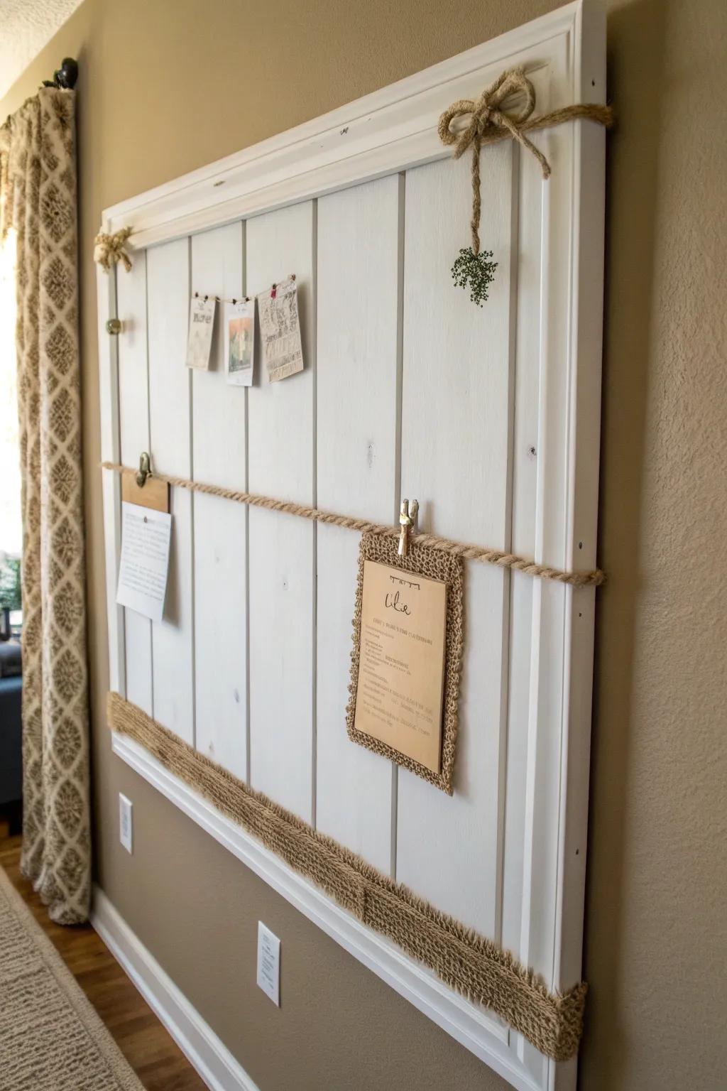 Embrace the charm of rustic elegance with a white wood bulletin board adorned with natural accents.