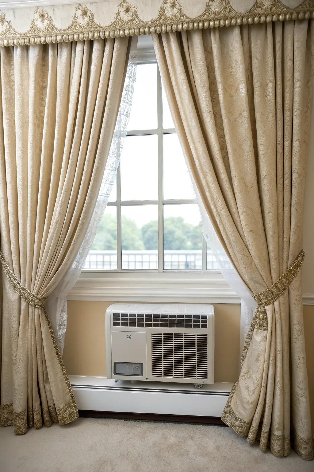Elevate your space with elegant craftsmanship: Conceal your window AC with stylish curtain panels.
