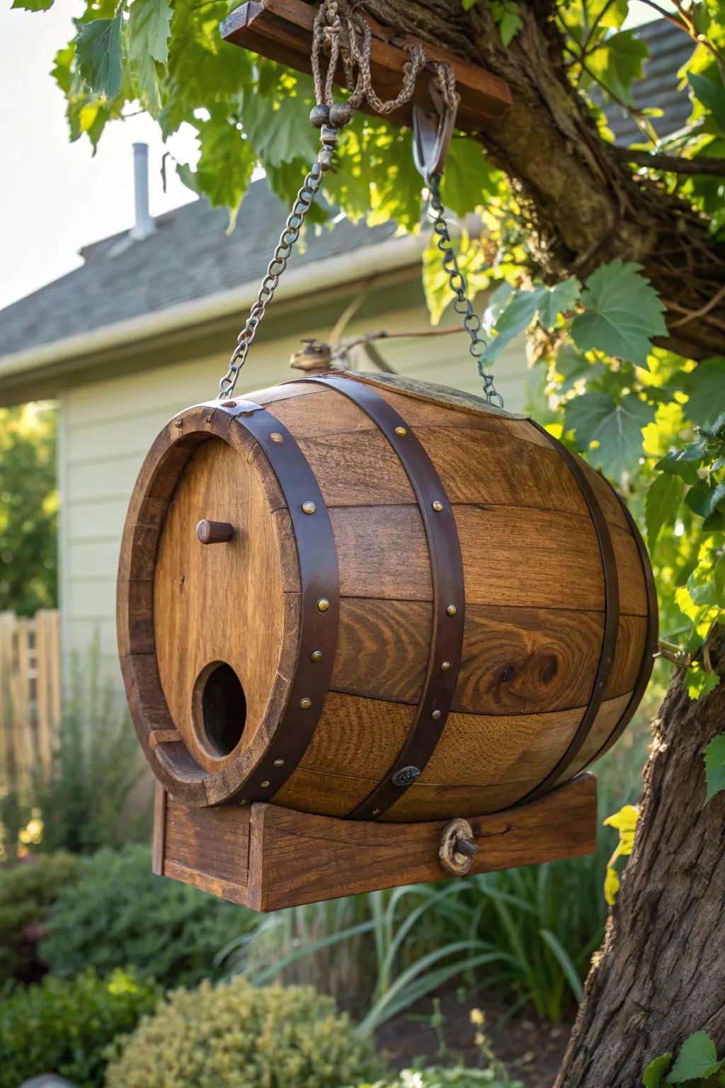 Transform a wine barrel into a charming birdhouse and invite nature into your garden with style.