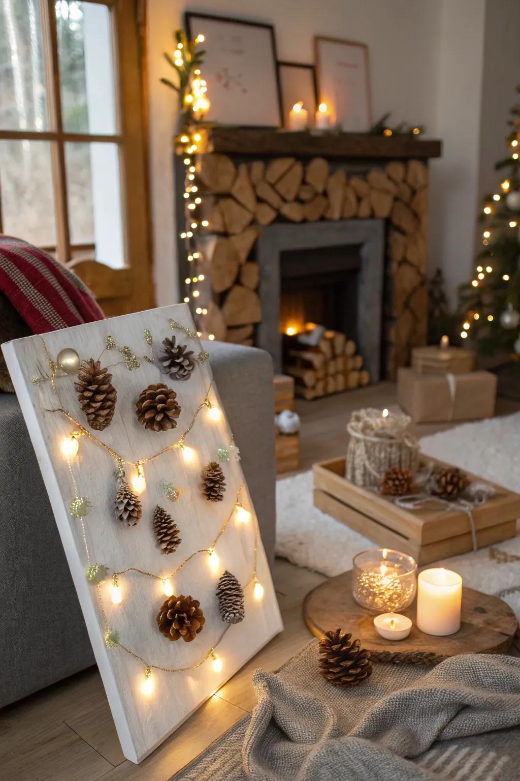 Add a natural sparkle with pine cones and faux snow.