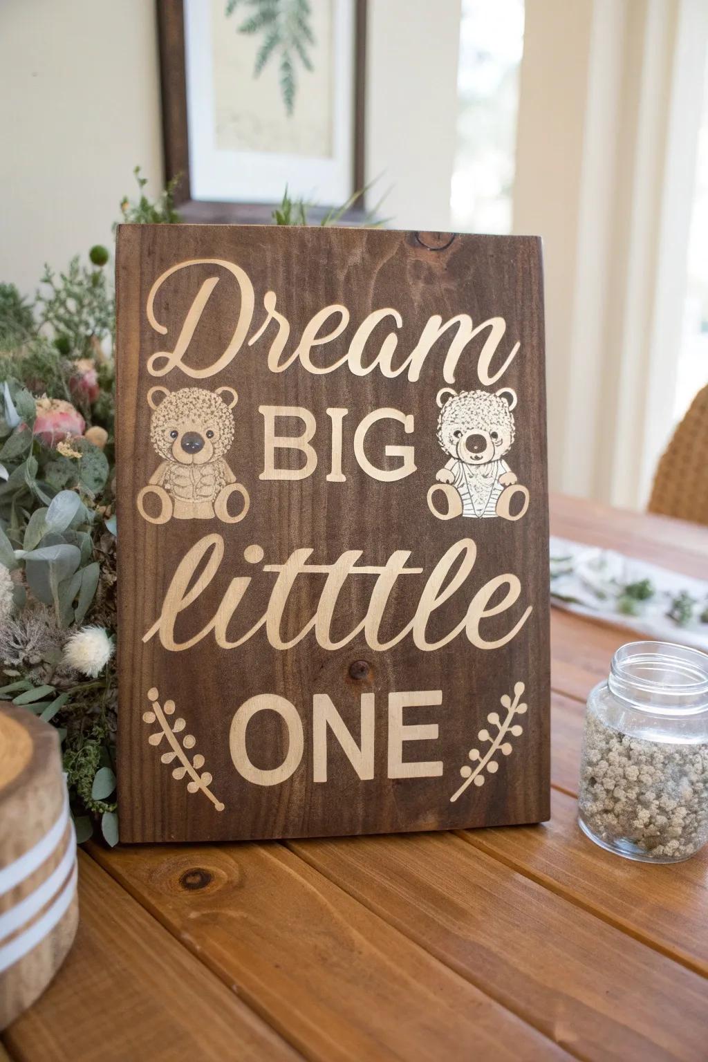 Inspire young dreams with this charming handcrafted wood sign, perfect for a playful kids' room.