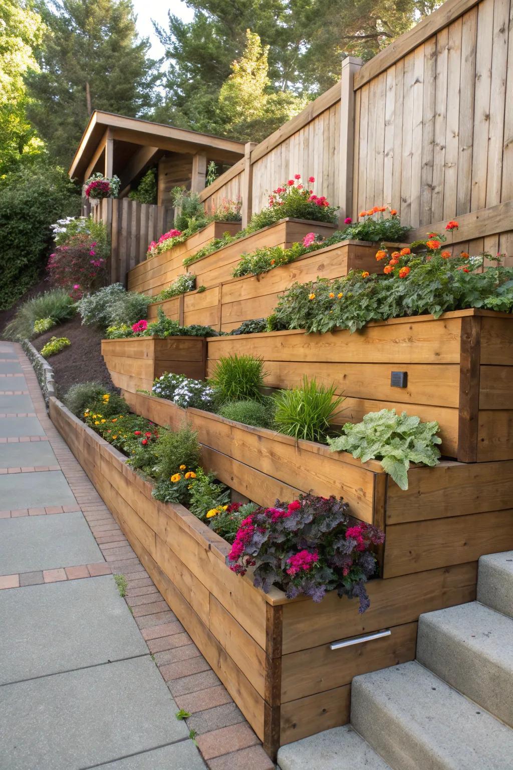 Elevate your backyard with a touch of nature — a stunning vertical garden on a handcrafted wooden wall.
