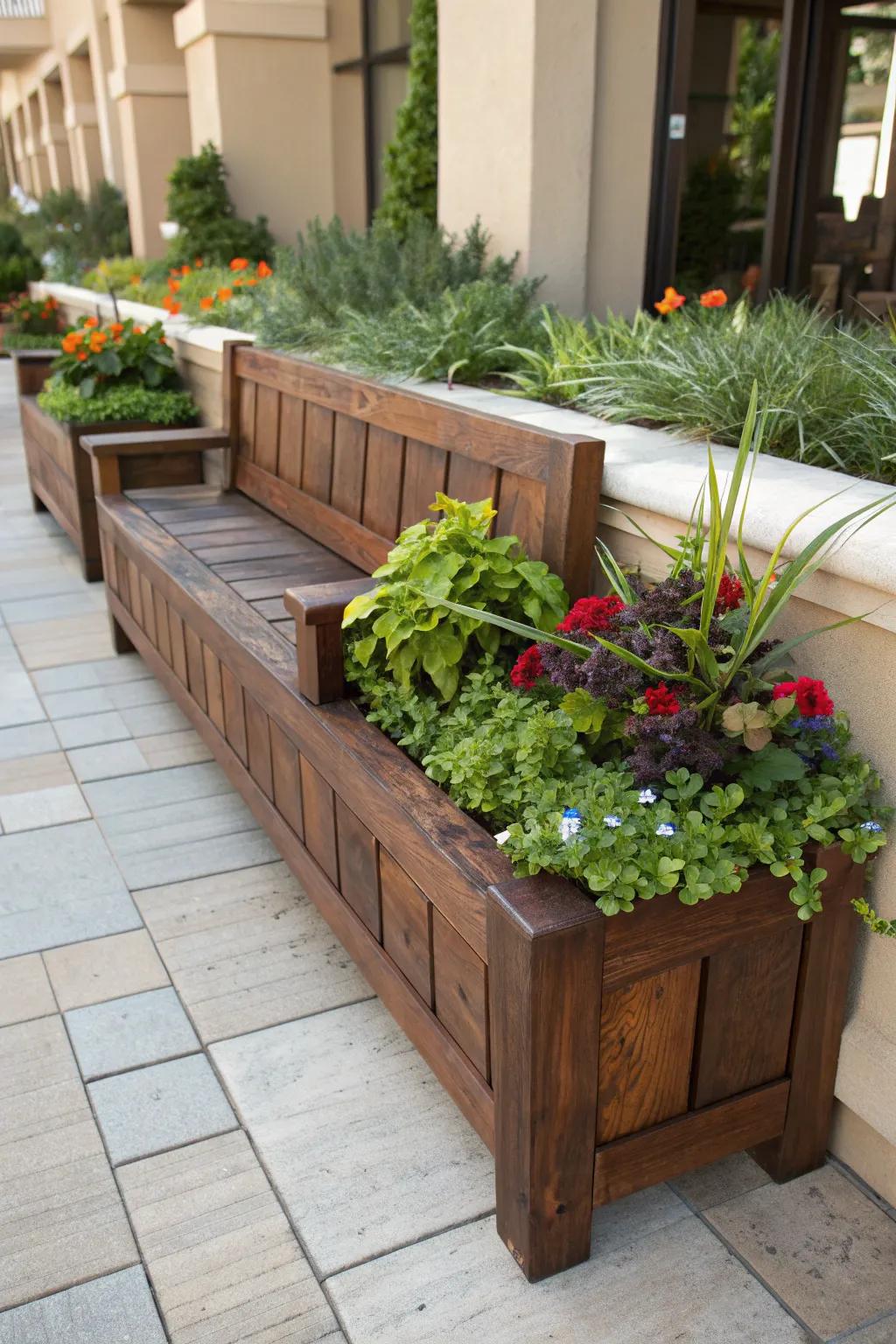 Elevate your outdoor space with this handcrafted wooden bench featuring built-in planters for a touch of nature.